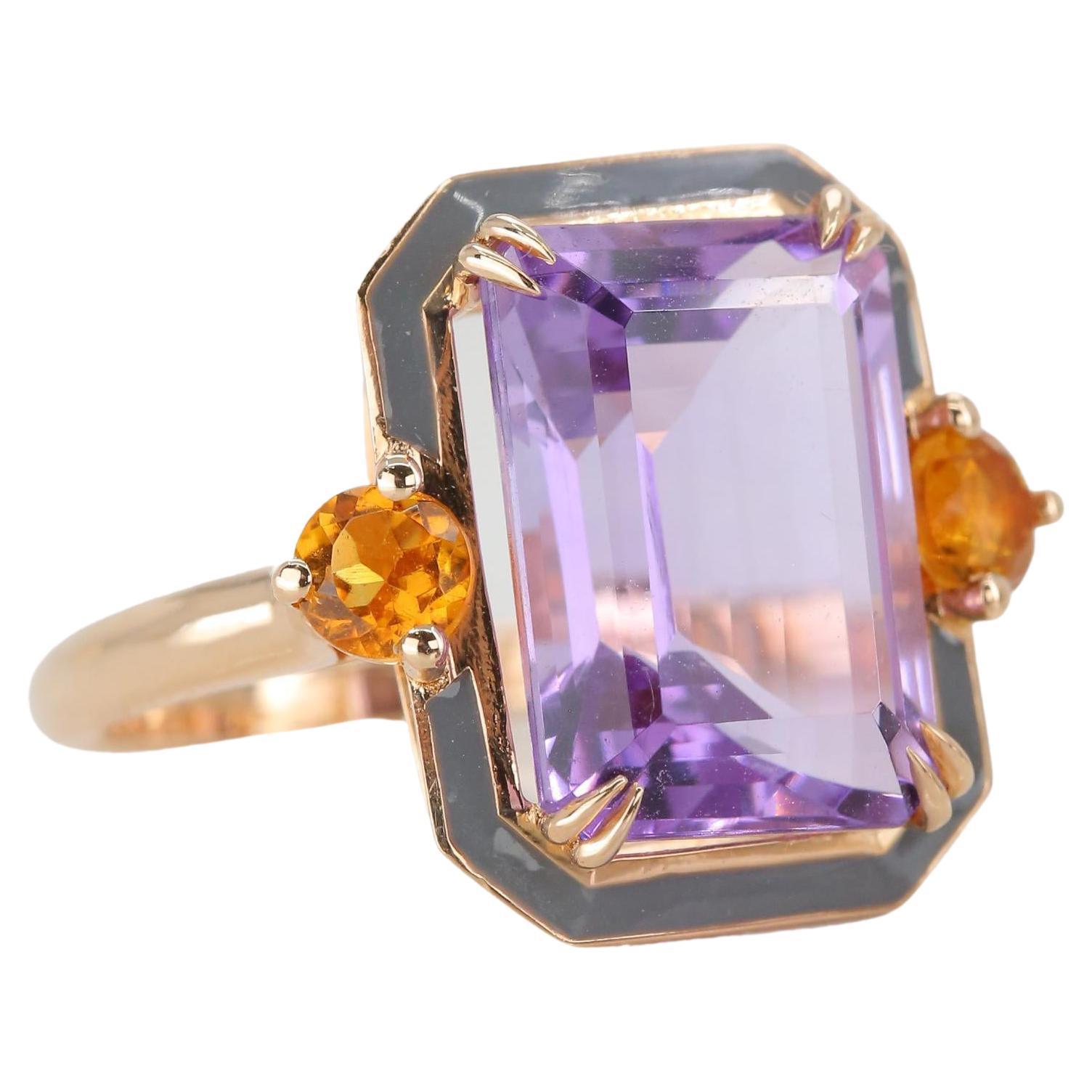 For Sale:  Art Deco Style Grey , Enameled Amethyst and Citrine 14K Gold Cocktail Ring