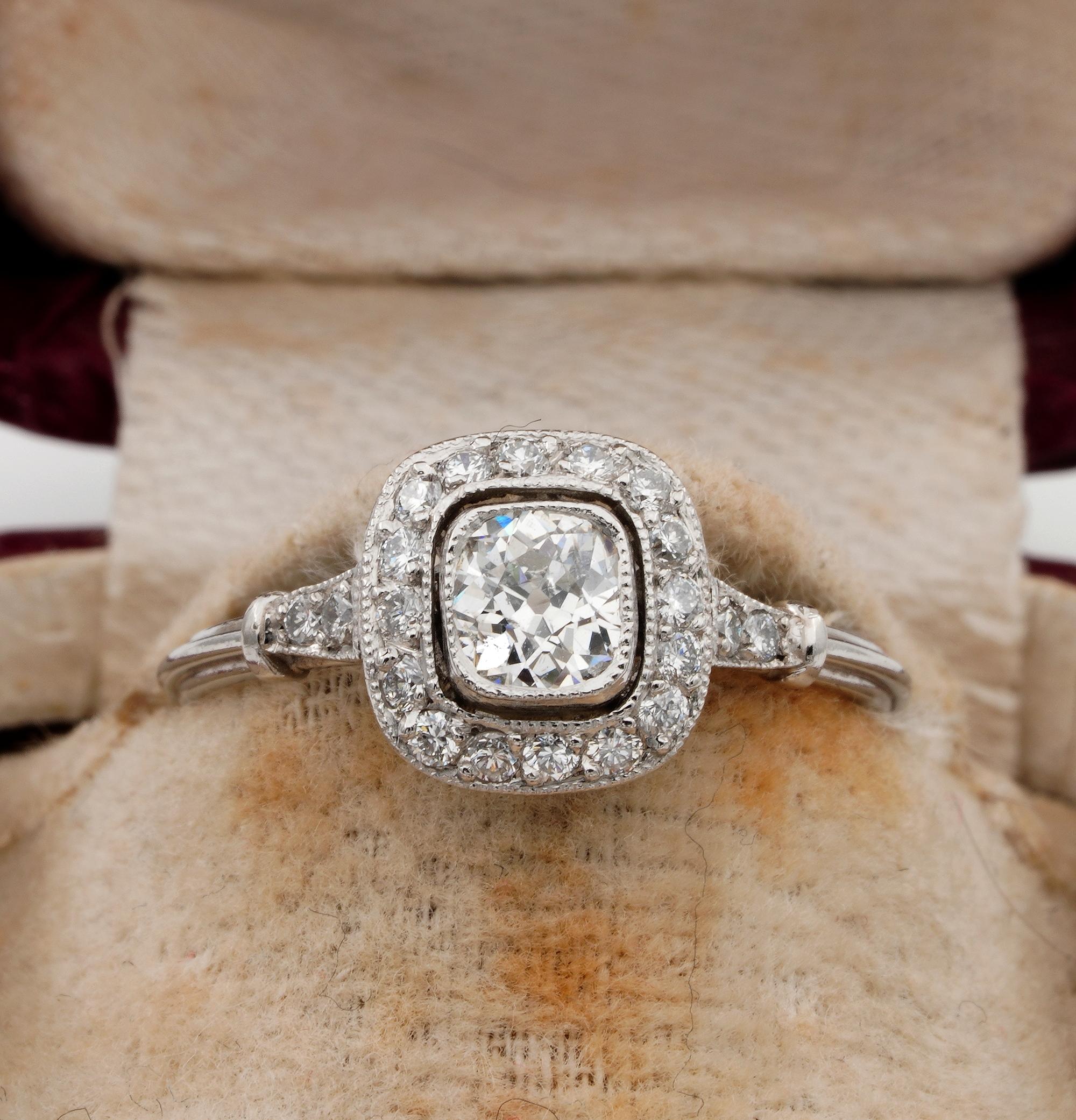 Diamond Target
This fantastic Diamond solitaire ring has been hand fabricated in solid Platinum, following the highest standards of crafting in a classy traditional target design Art Deco style
Centrally set with a beautiful, bright white and