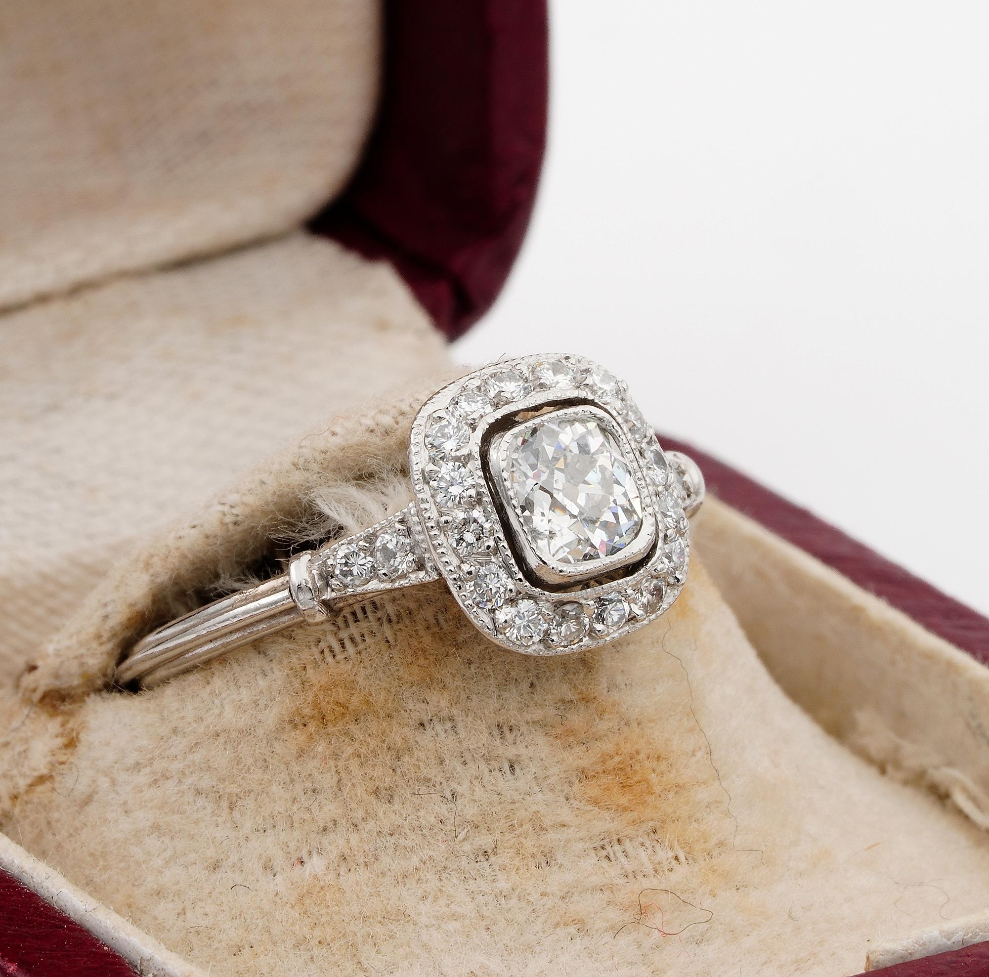 Cushion Cut Art Deco Style .60 Ct Cushion Diamond Solitaire Plus Platinum Ring For Sale