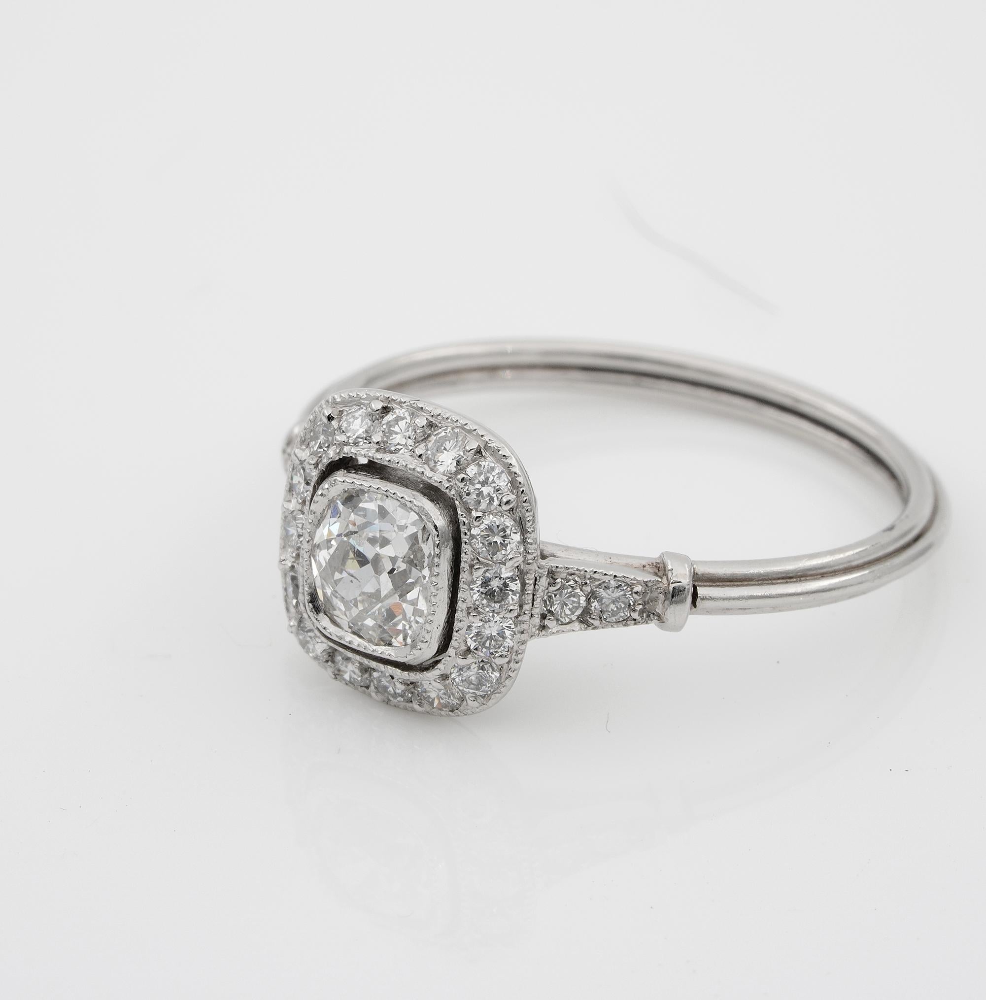 Art Deco Style .60 Ct Cushion Diamond Solitaire Plus Platinum Ring In Good Condition For Sale In Napoli, IT