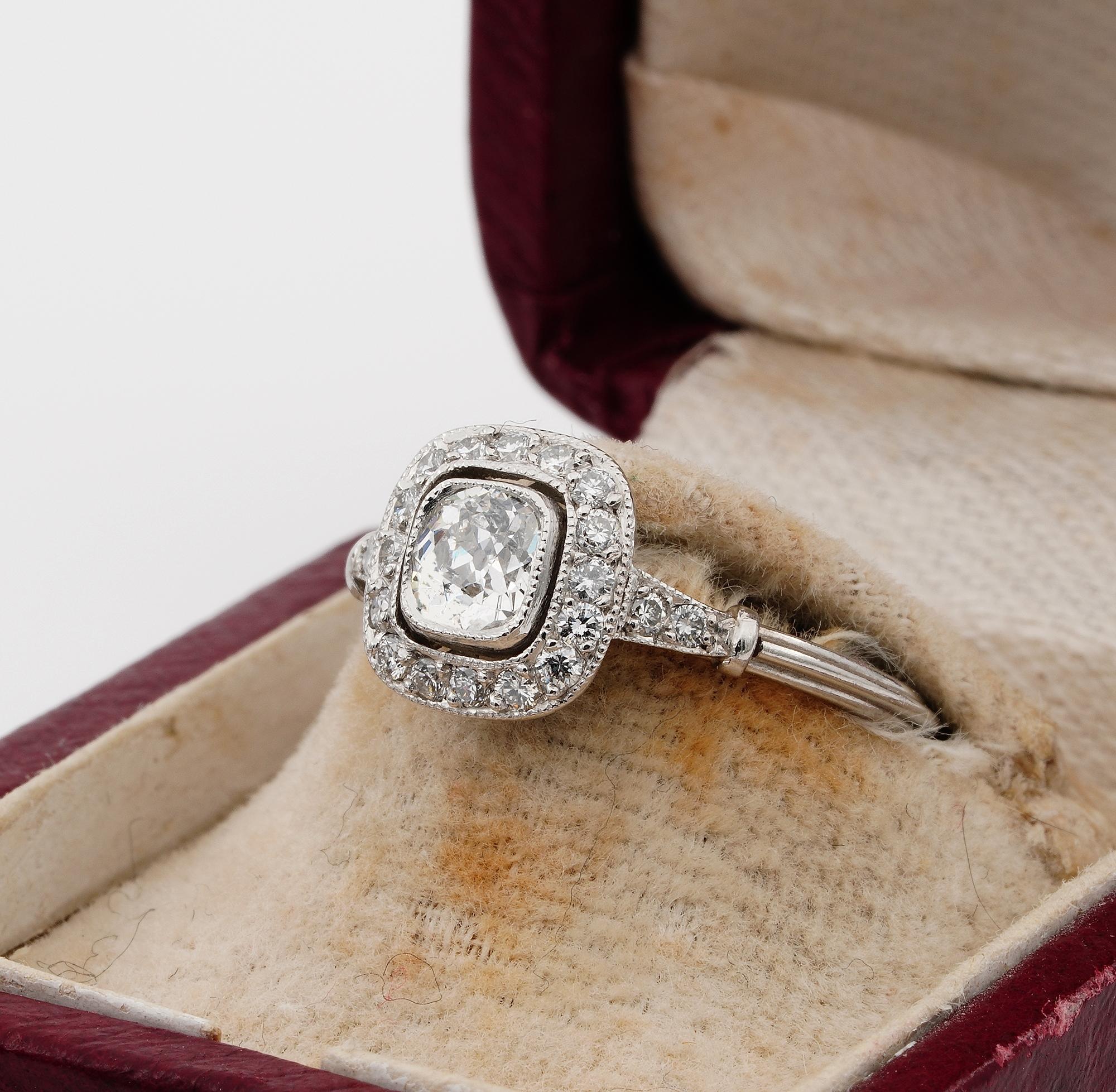 Women's Art Deco Style .60 Ct Cushion Diamond Solitaire Plus Platinum Ring For Sale