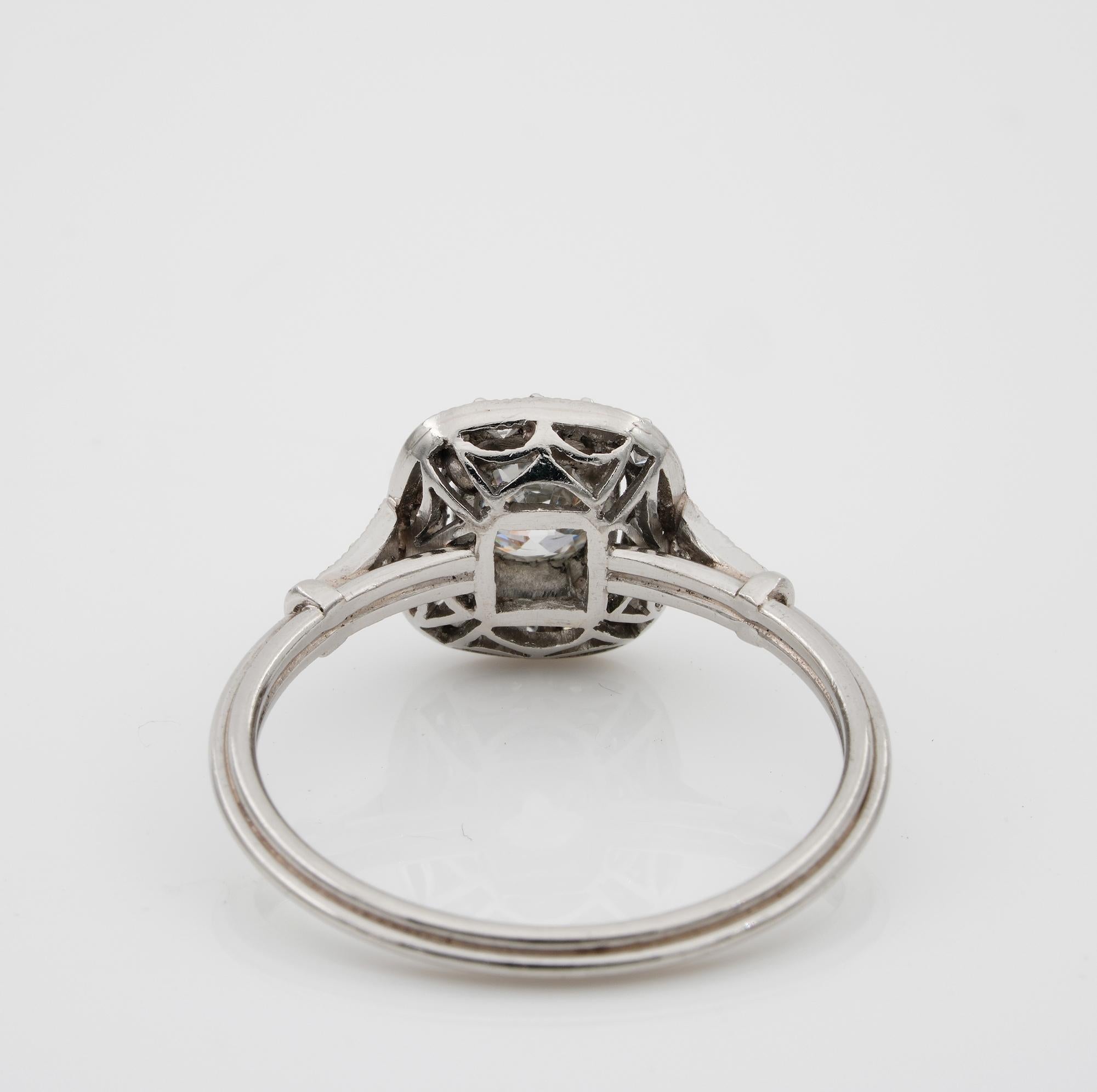 Art Deco Style .60 Ct Cushion Diamond Solitaire Plus Platinum Ring For Sale 2