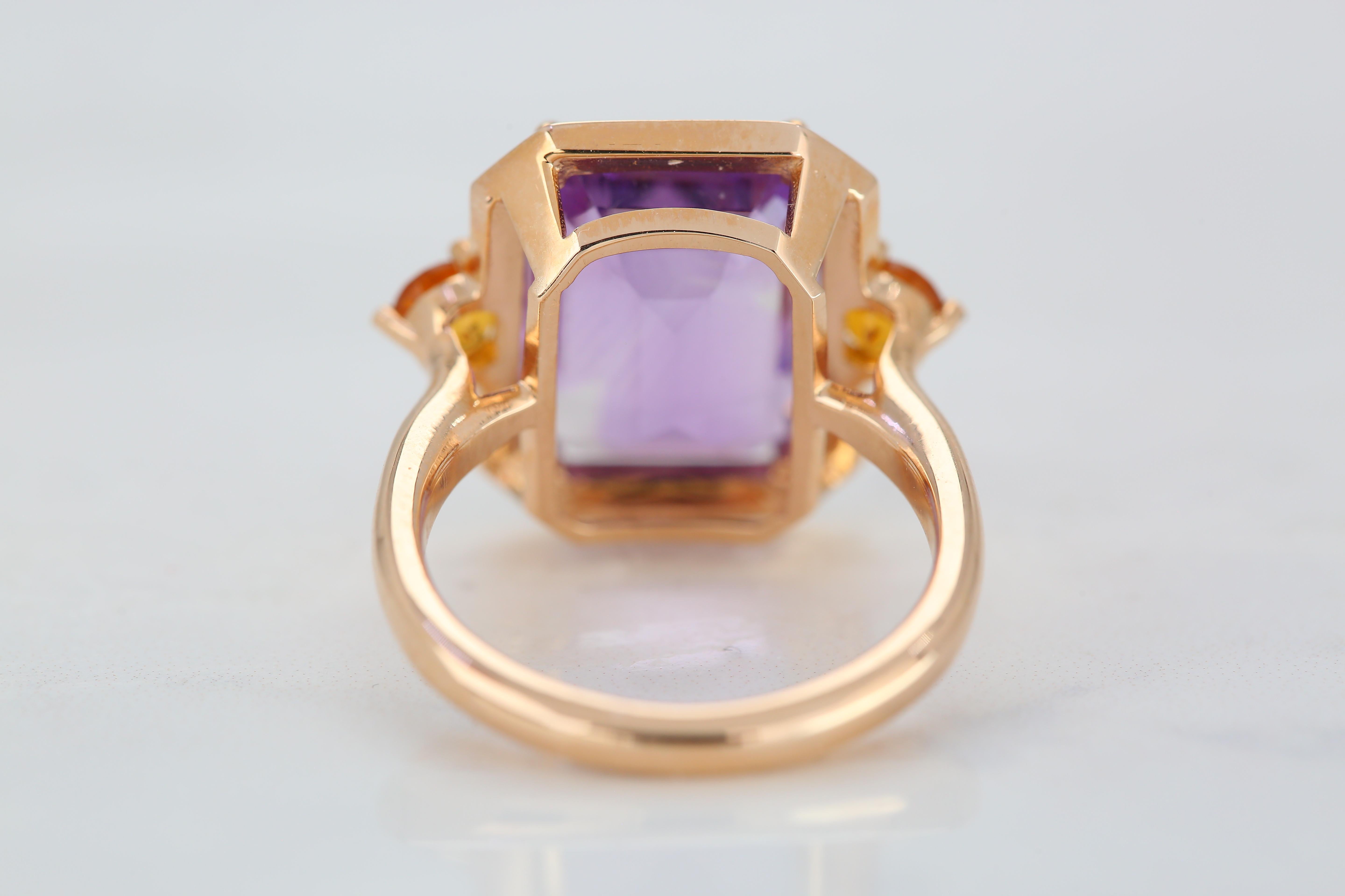 For Sale:  Art Deco Style 6.20 Ct Amethyst and Citrine 14K Gold Cocktail Ring 7