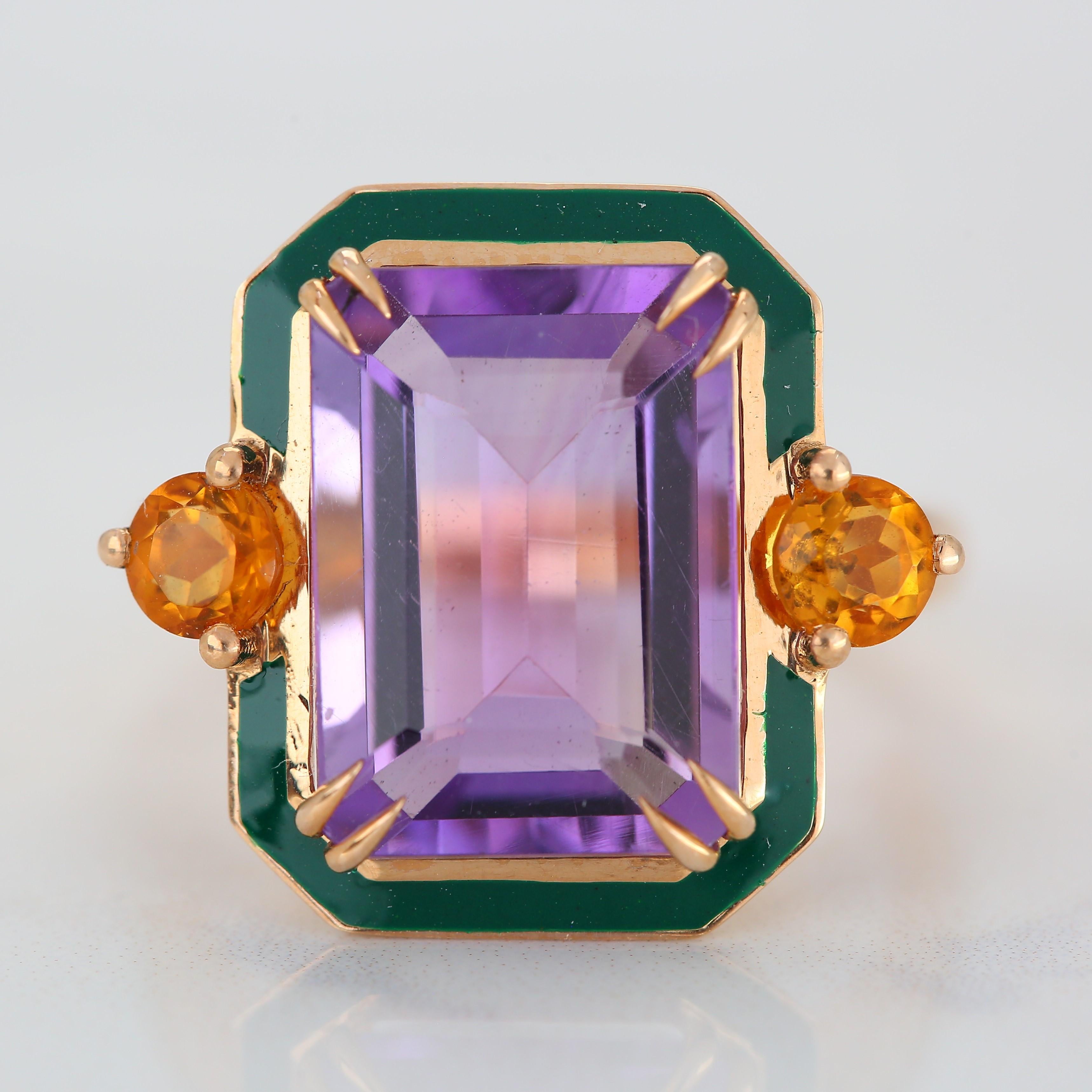 For Sale:  Art Deco Style 6.20 Ct Amethyst and Citrine 14K Gold Cocktail Ring 9