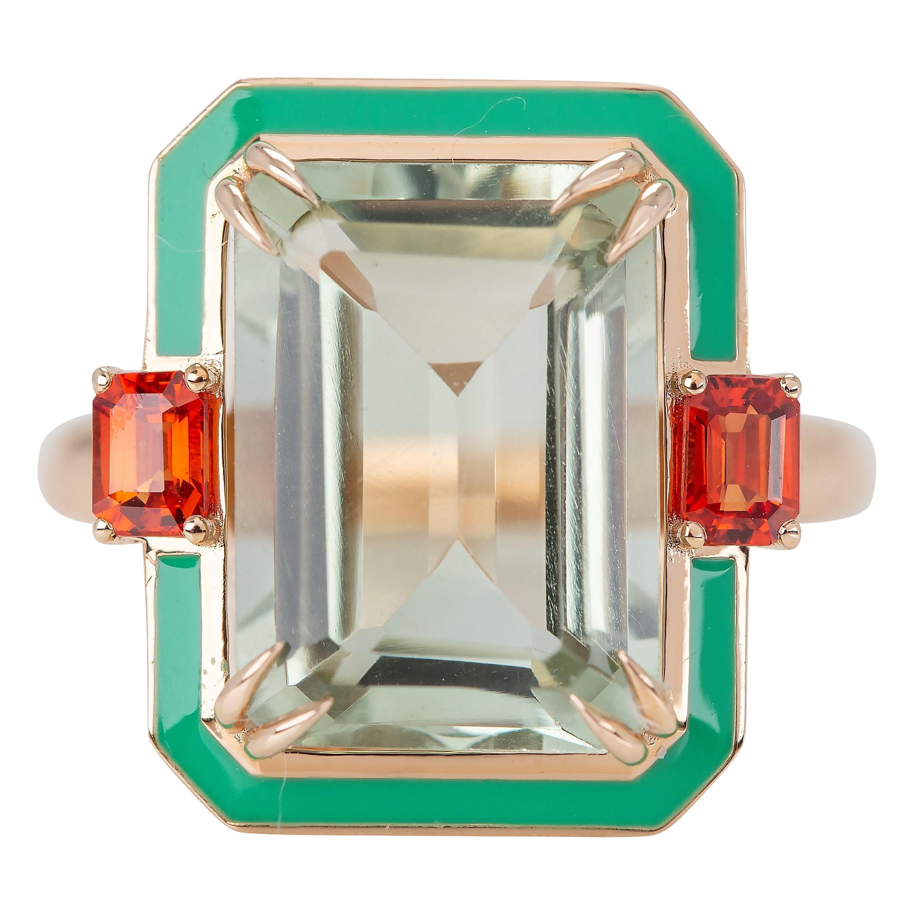En vente :  Bague cocktail de style Art déco en or 14 carats avec améthyste verte 6,20 carats et saphirs