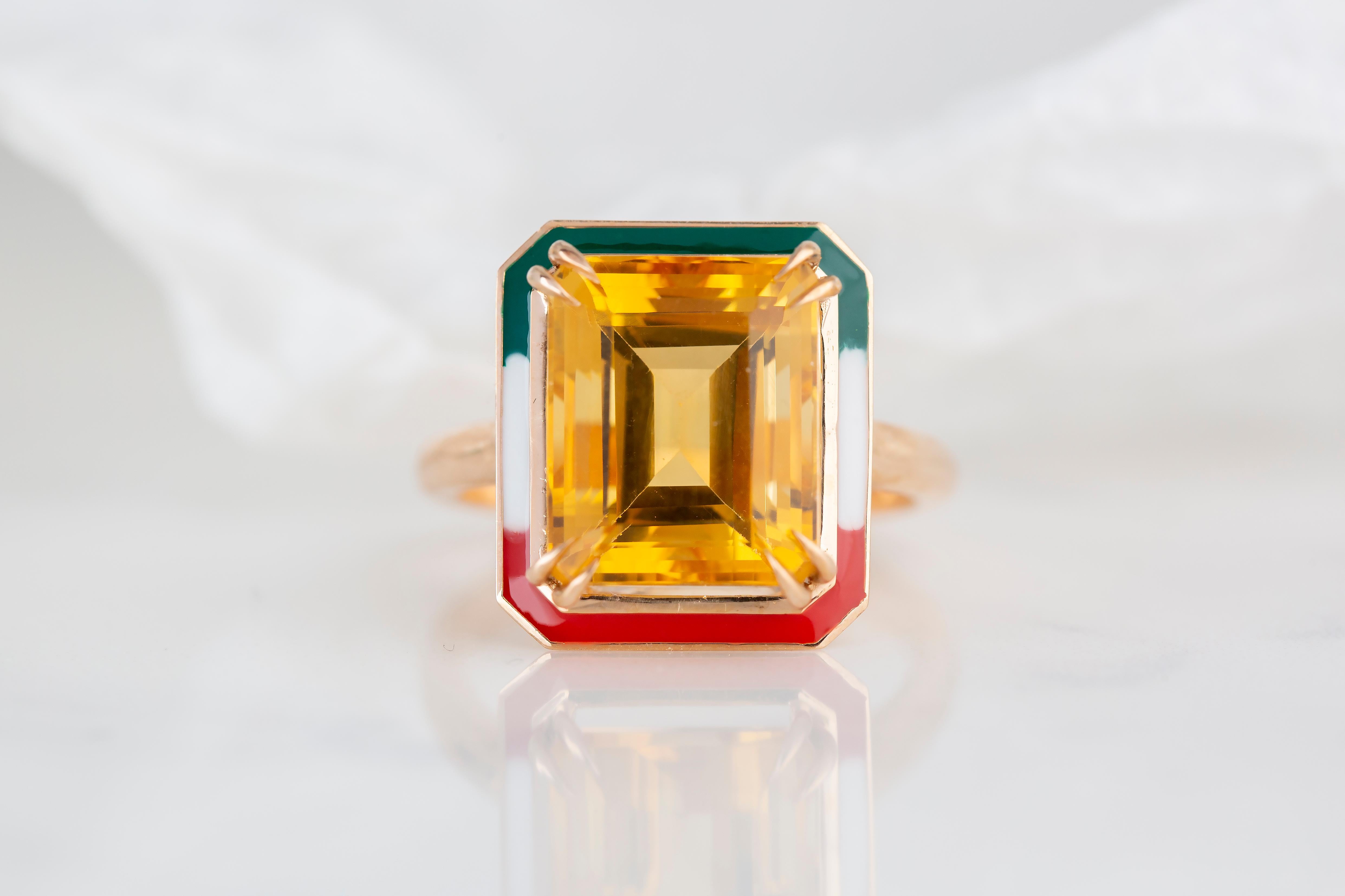 For Sale:  Art Deco Style 6.30 Ct Citrine Italy Flag Color Enamel 14K Gold Cocktail Ring 2