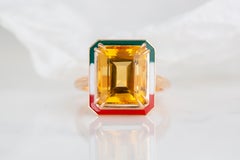 Art Deco Style 6.30 Ct Citrine Italy Flag Color Enamel 14K Gold Cocktail Ring