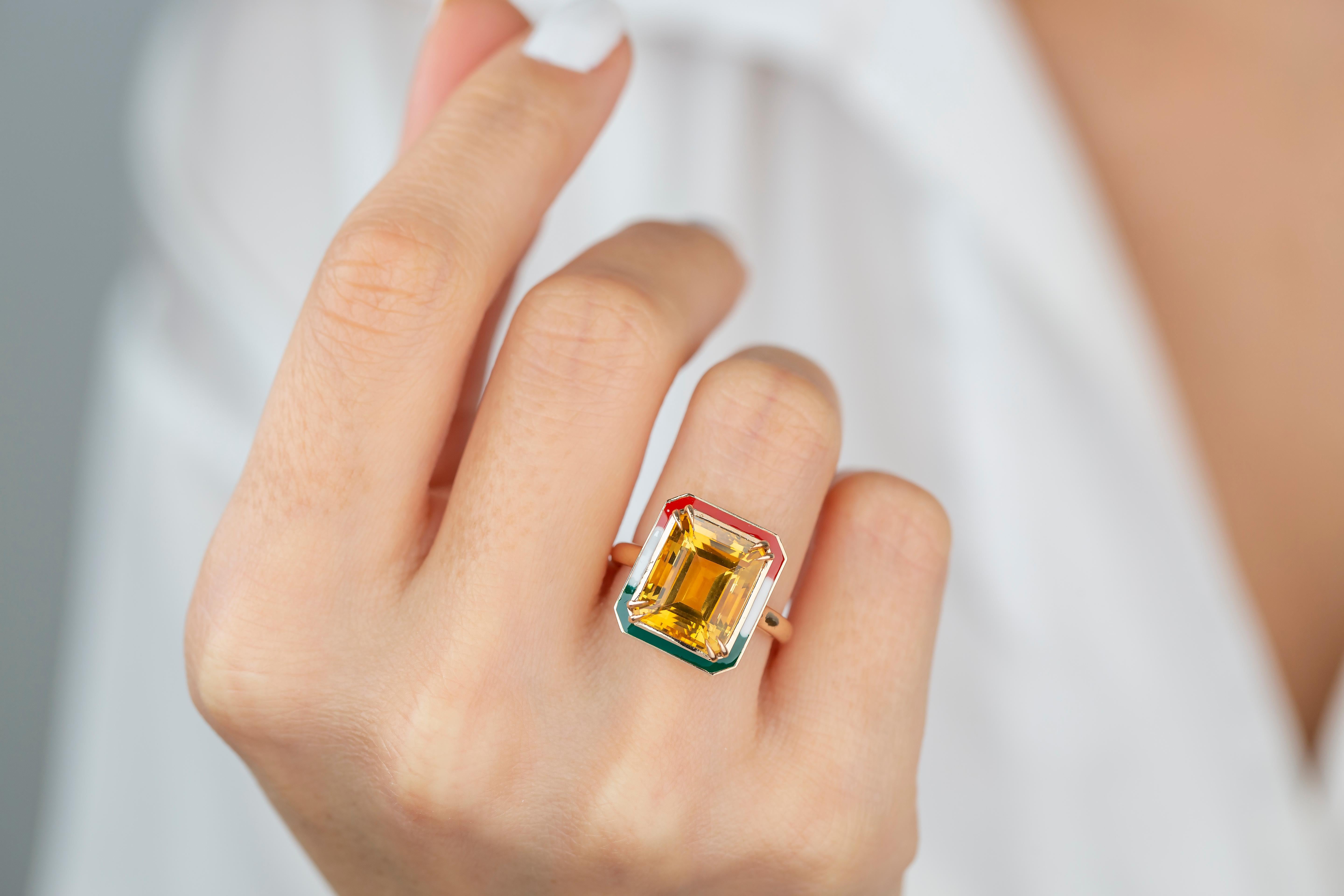 For Sale:  Art Deco Style 6.30 Ct Citrine Italy Flag Color Enamel 14K Gold Cocktail Ring 3
