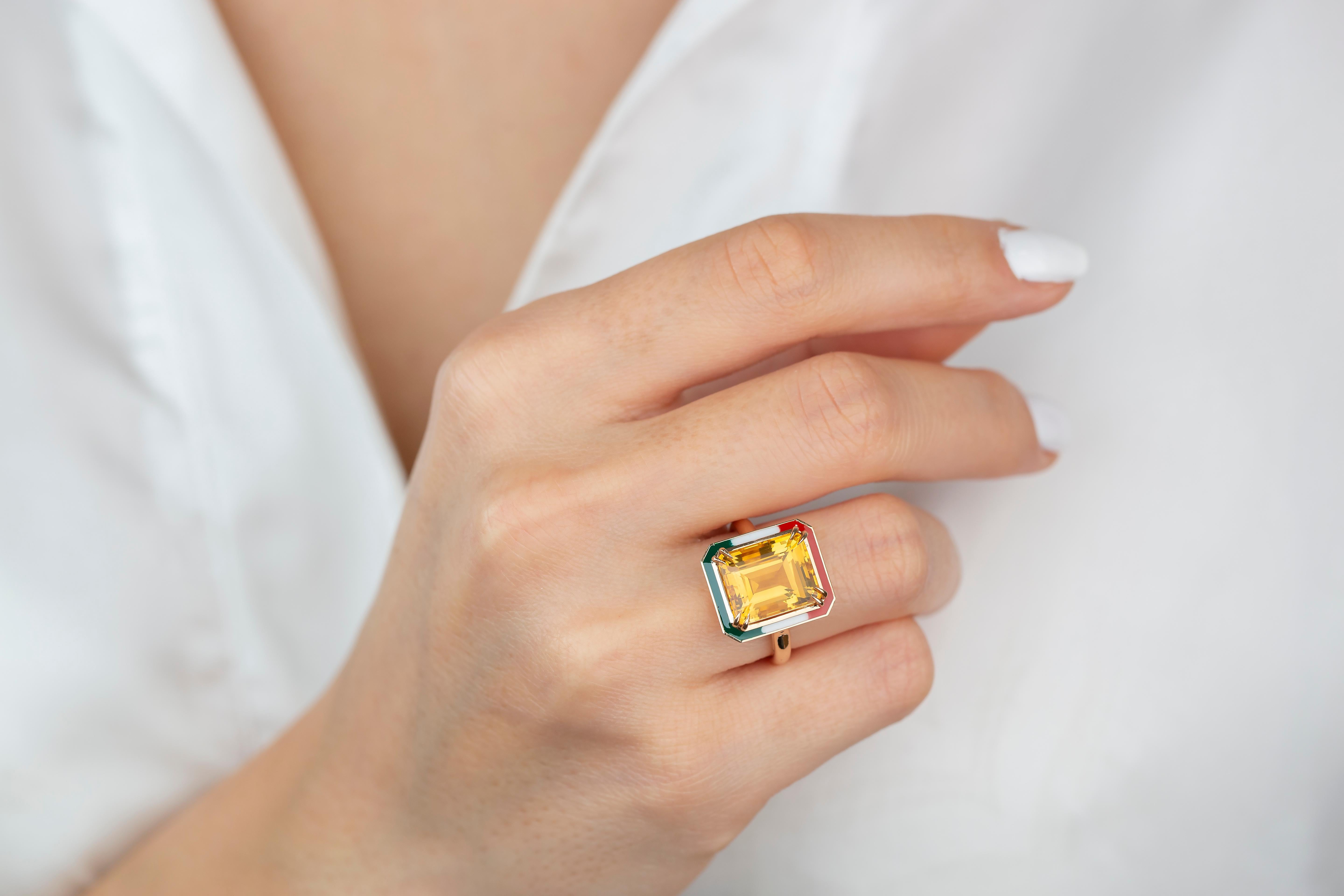 For Sale:  Art Deco Style 6.30 Ct Citrine Italy Flag Color Enamel 14K Gold Cocktail Ring 4