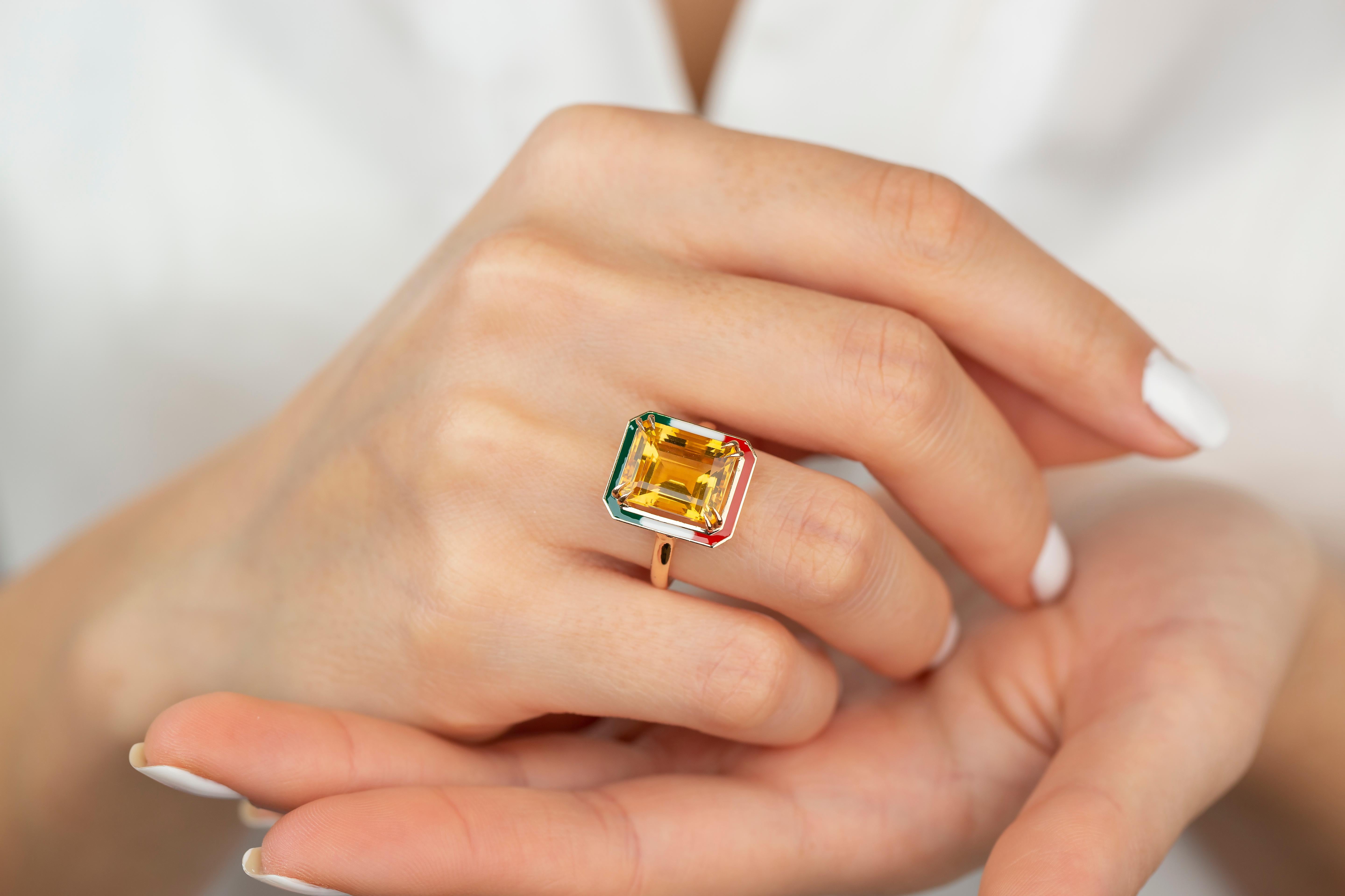 For Sale:  Art Deco Style 6.30 Ct Citrine Italy Flag Color Enamel 14K Gold Cocktail Ring 6