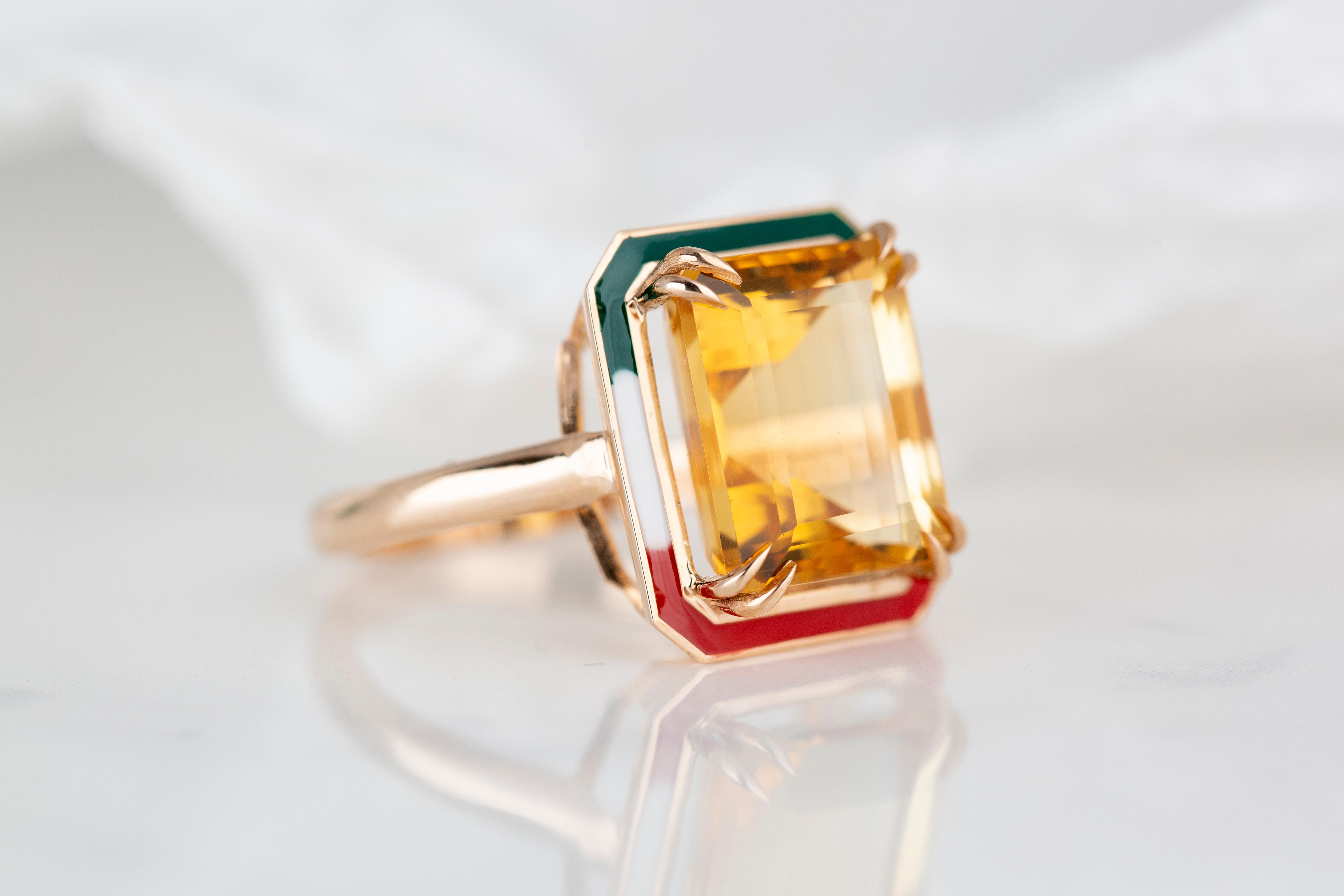 For Sale:  Art Deco Style 6.30 Ct Citrine Italy Flag Color Enamel 14K Gold Cocktail Ring 7