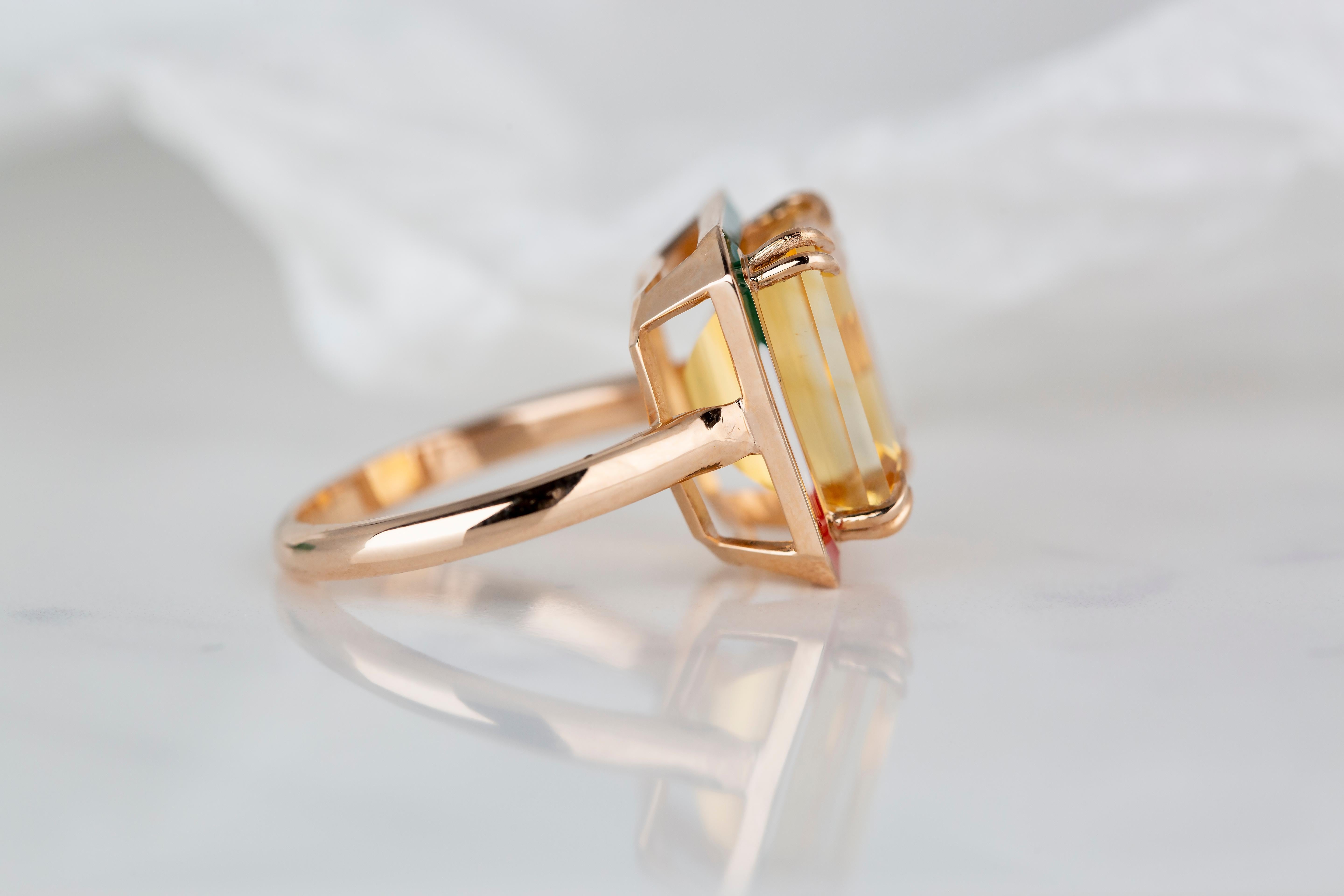 For Sale:  Art Deco Style 6.30 Ct Citrine Italy Flag Color Enamel 14K Gold Cocktail Ring 8