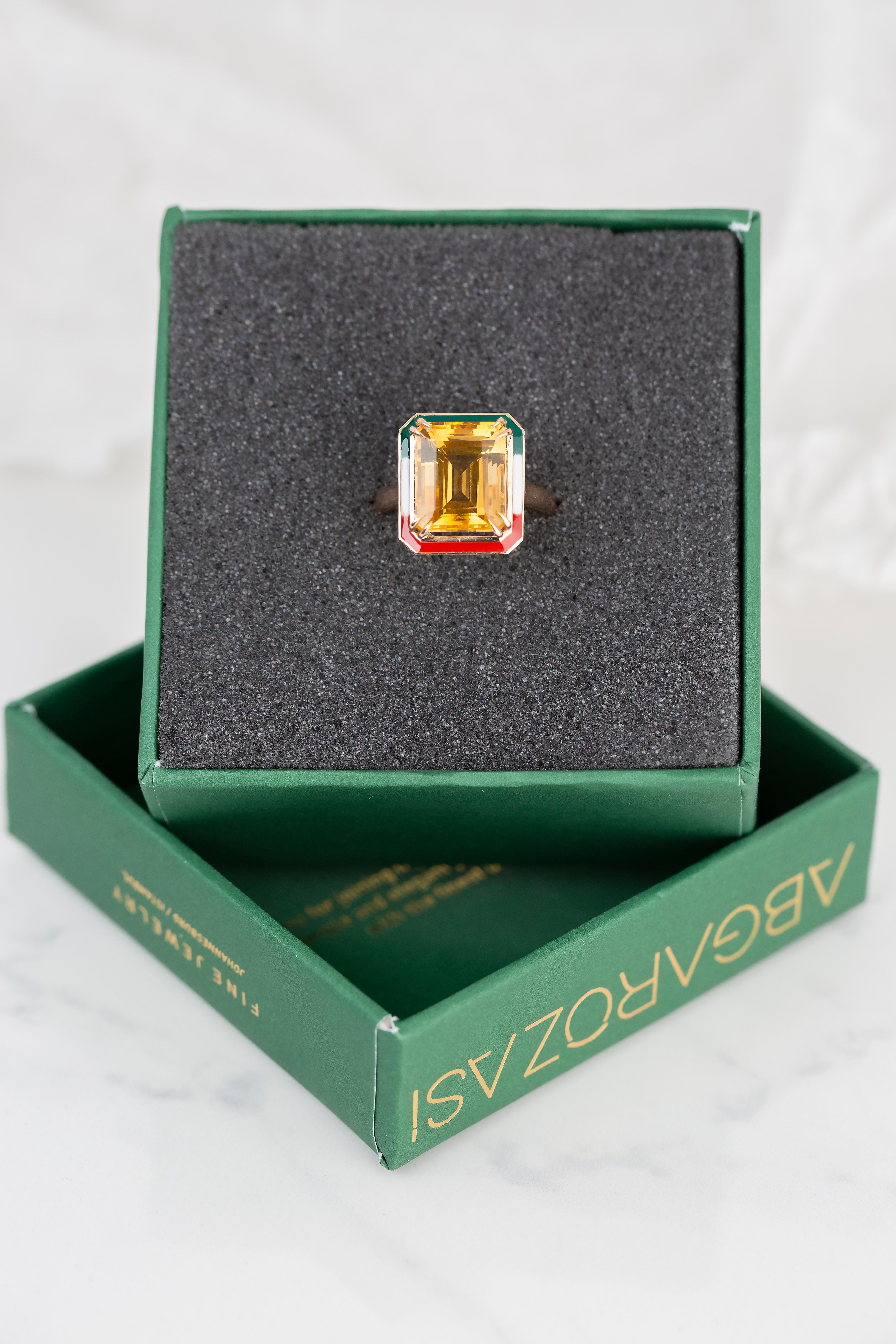 For Sale:  Art Deco Style 6.30 Ct Citrine Italy Flag Color Enamel 14K Gold Cocktail Ring 9