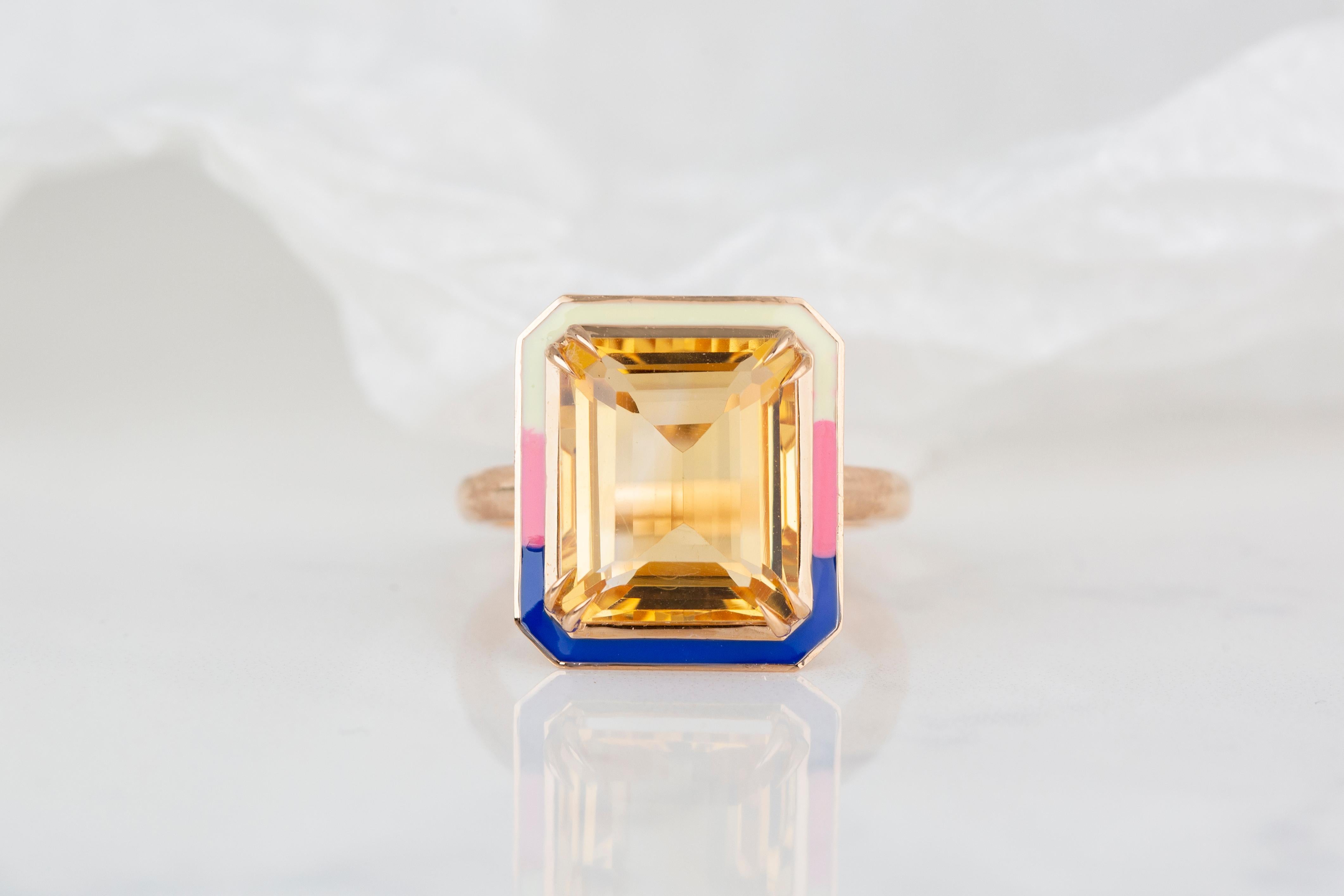 For Sale:  Art Deco Style 6.35 Ct Citrine Tria Color Enamel 14K Gold Cocktail Ring 2