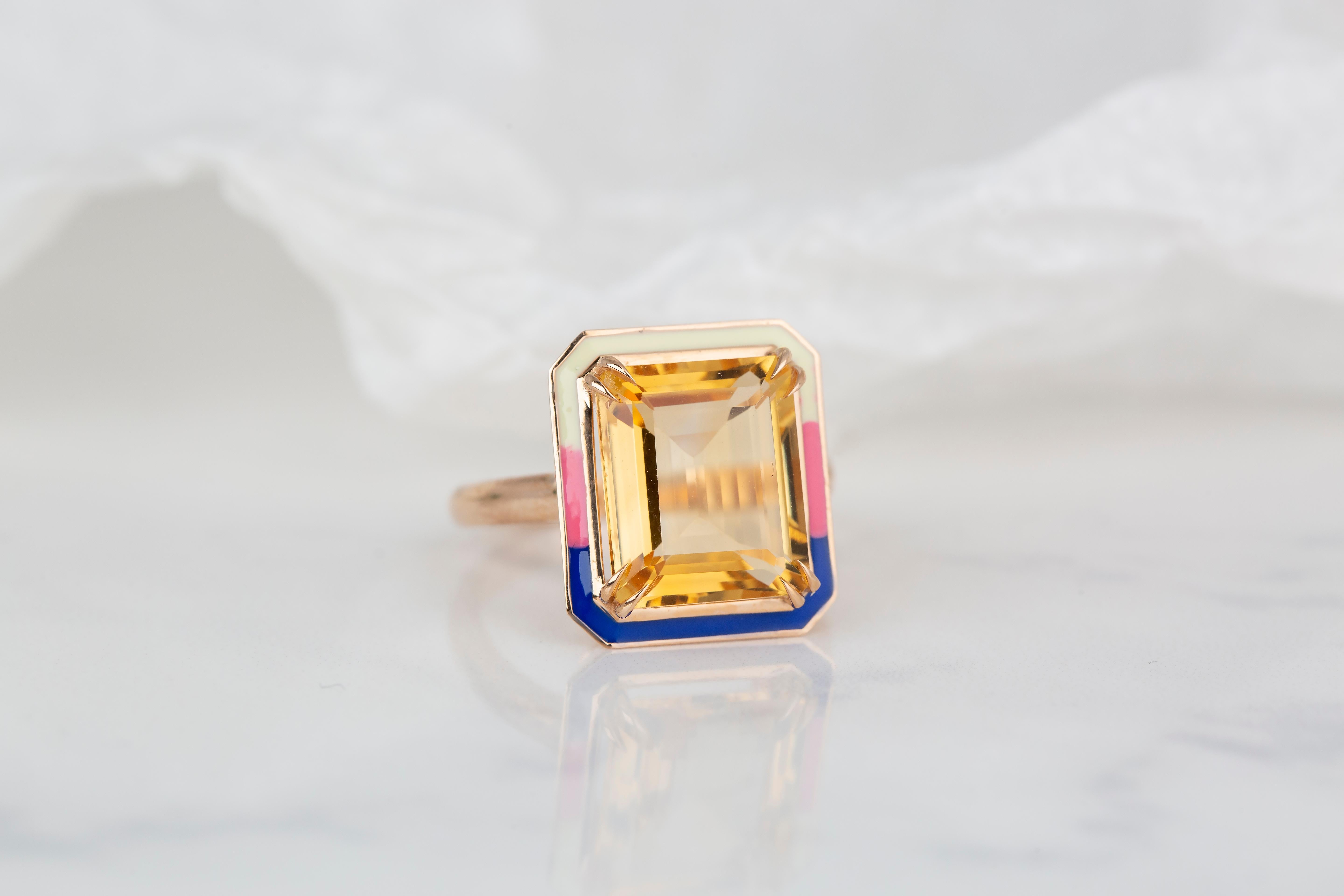 For Sale:  Art Deco Style 6.35 Ct Citrine Tria Color Enamel 14K Gold Cocktail Ring 3