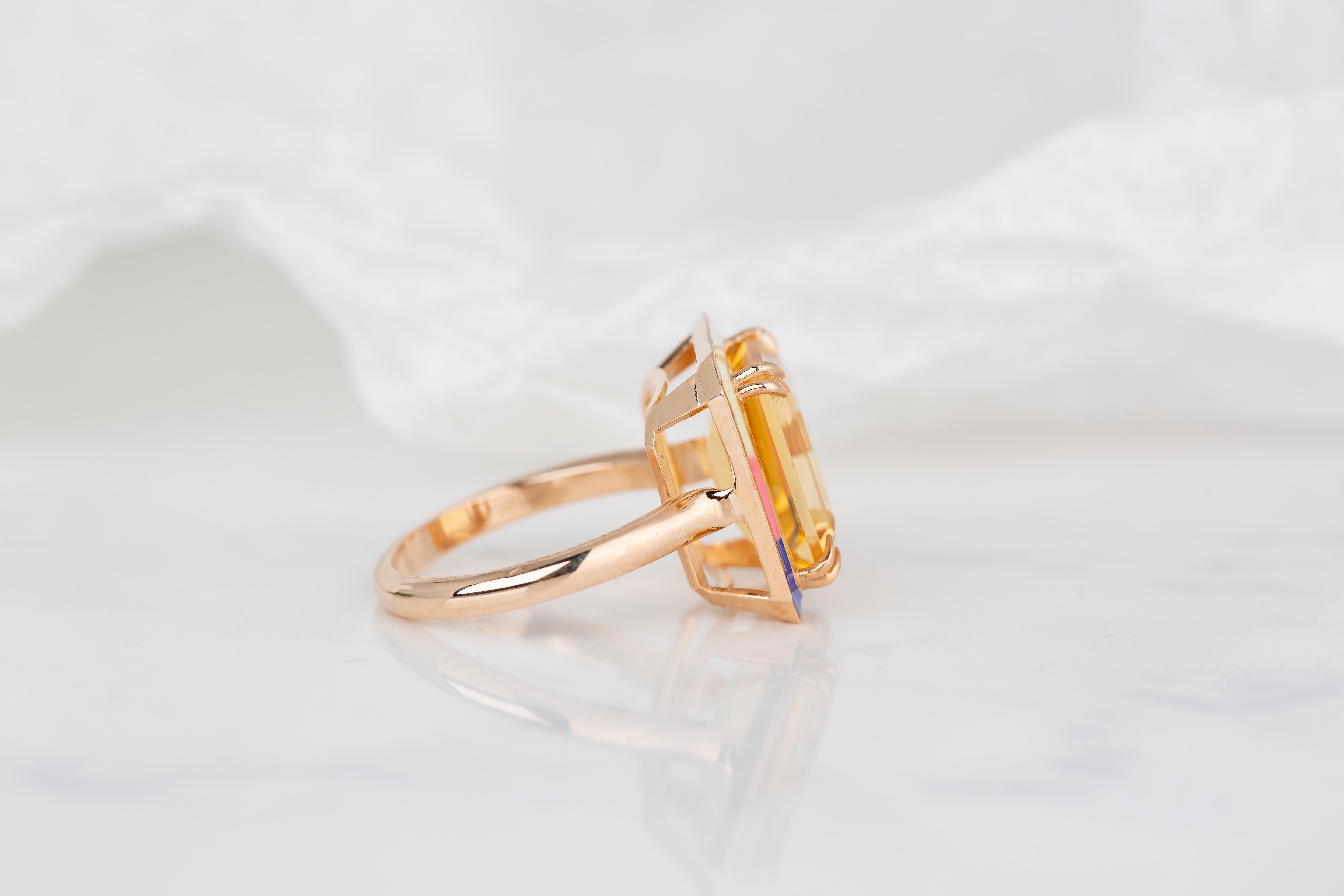 For Sale:  Art Deco Style 6.35 Ct Citrine Tria Color Enamel 14K Gold Cocktail Ring 4
