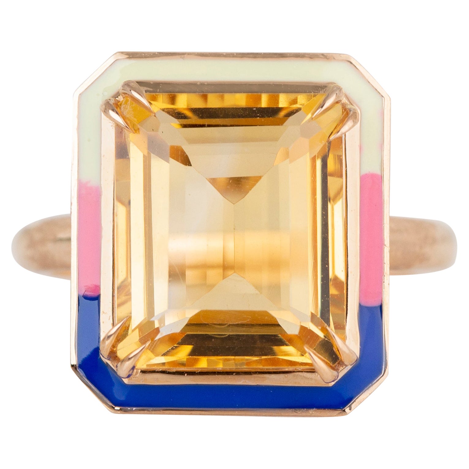 Bague cocktail en or 14 carats de style Art déco avec émail tricolore et citrine de 6,35 carats
