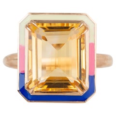 Anello da cocktail in stile Art Deco con smalto colorato Citrino Tria da 6,35 carati in oro 14K