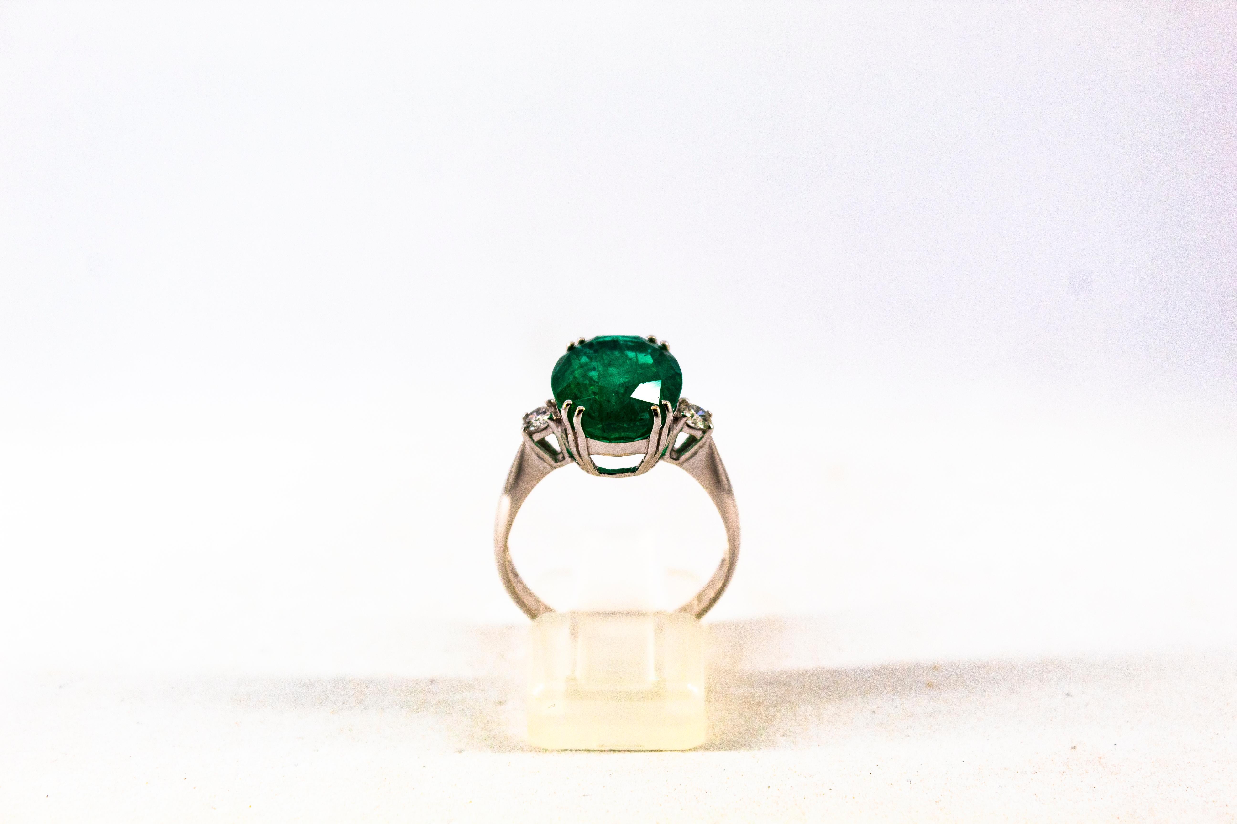 Brilliant Cut Art Deco Style 6.49 Carat Emerald White Diamond White Gold Cocktail Ring For Sale