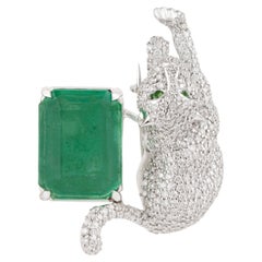 Art Deco Style 6.49ct Emerald & 1.67ct Diamond Panther Brooch Pin 18K White Gold