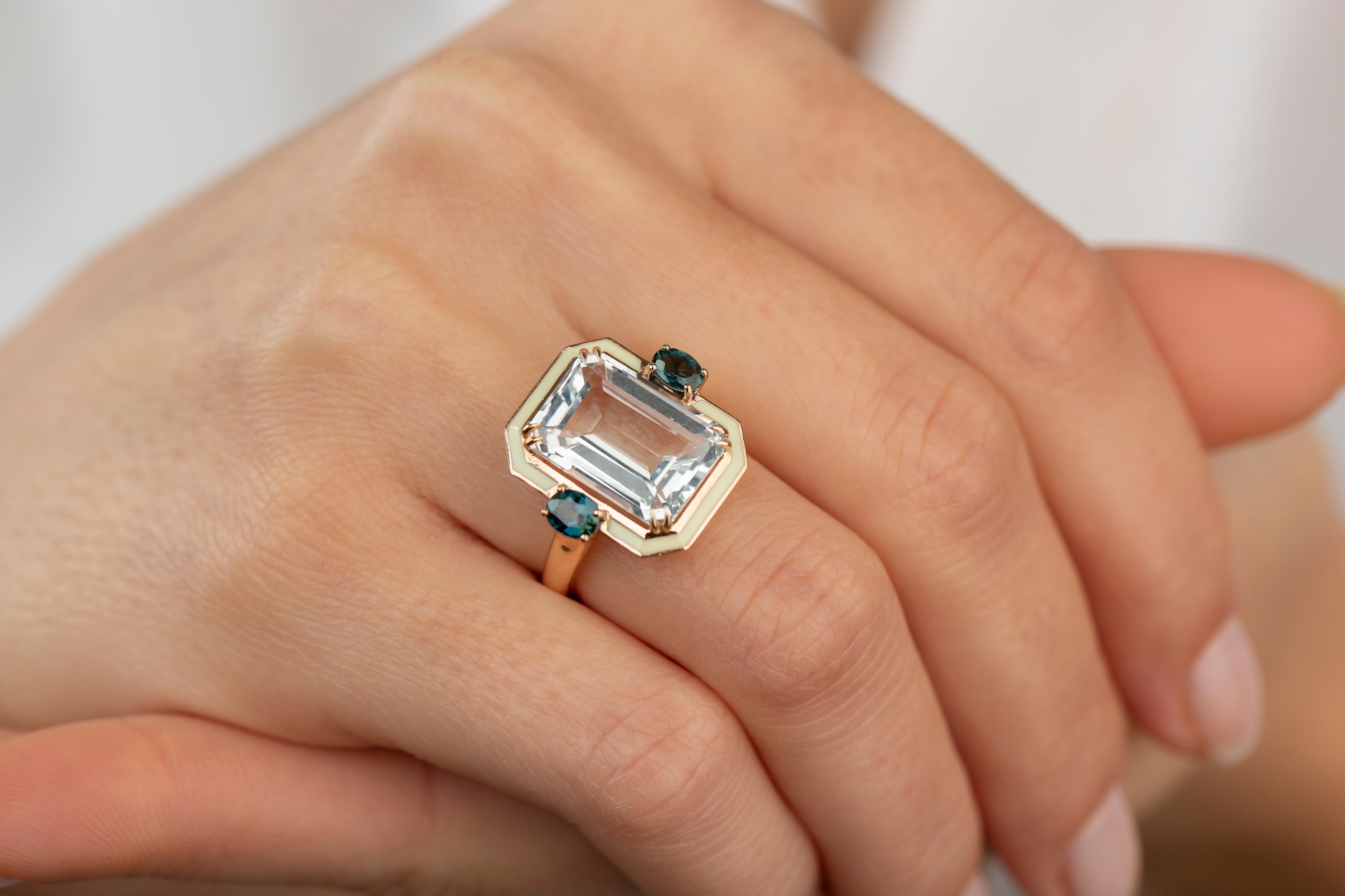 Art Deco Style 6.50ct Topaz and Montana Sapphire 14k Gold Cocktail Ring For Sale 4