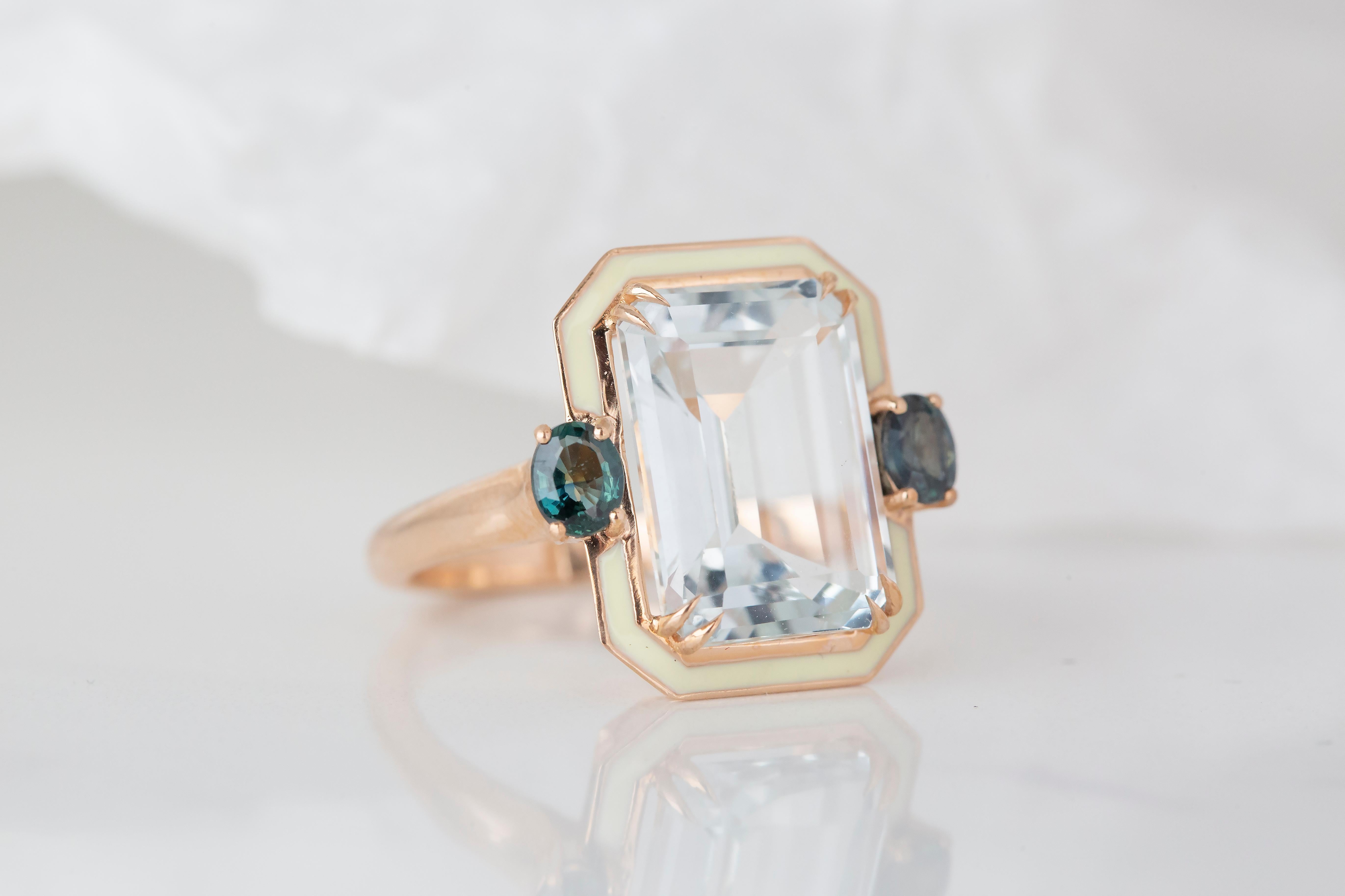 Emerald Cut Art Deco Style 6.50ct Topaz and Montana Sapphire 14k Gold Cocktail Ring For Sale