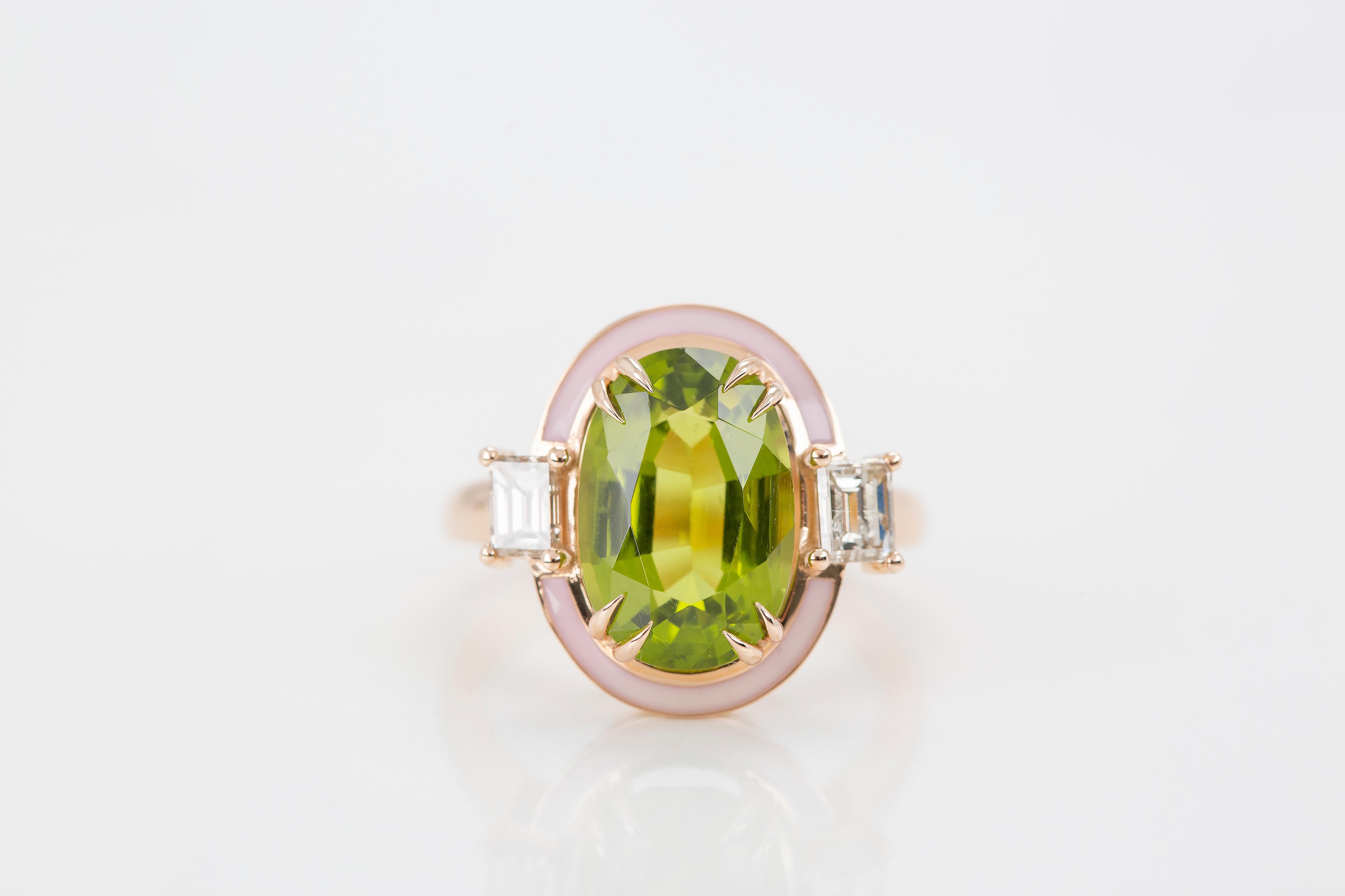 For Sale:  Art Deco Style 6.71 Ct Peridot and Diamond 14K Gold Cocktail Ring 7