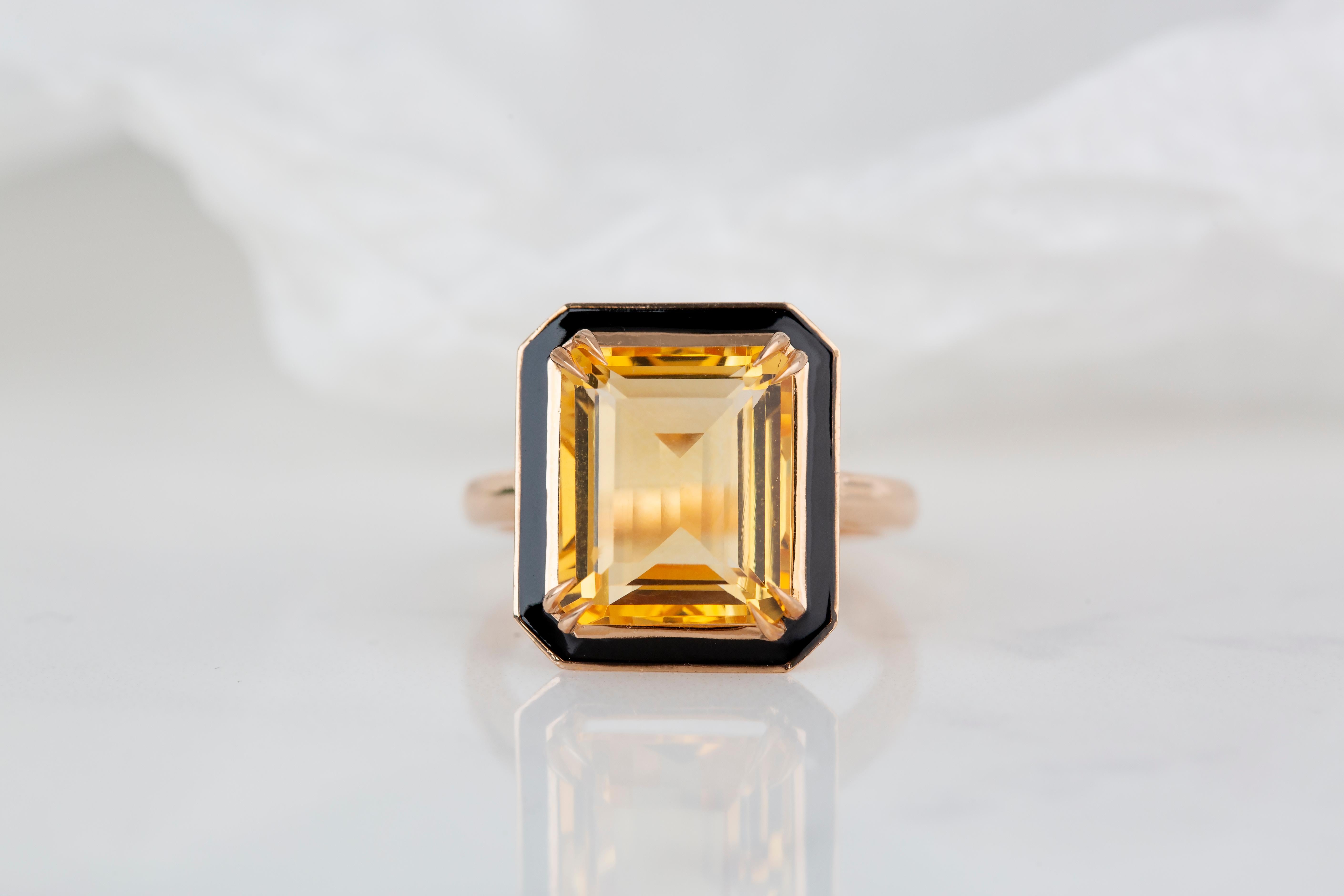 For Sale:  Art Deco Style 6.85 Ct Citrine and Black Enamel 14K Gold Cocktail Ring 2