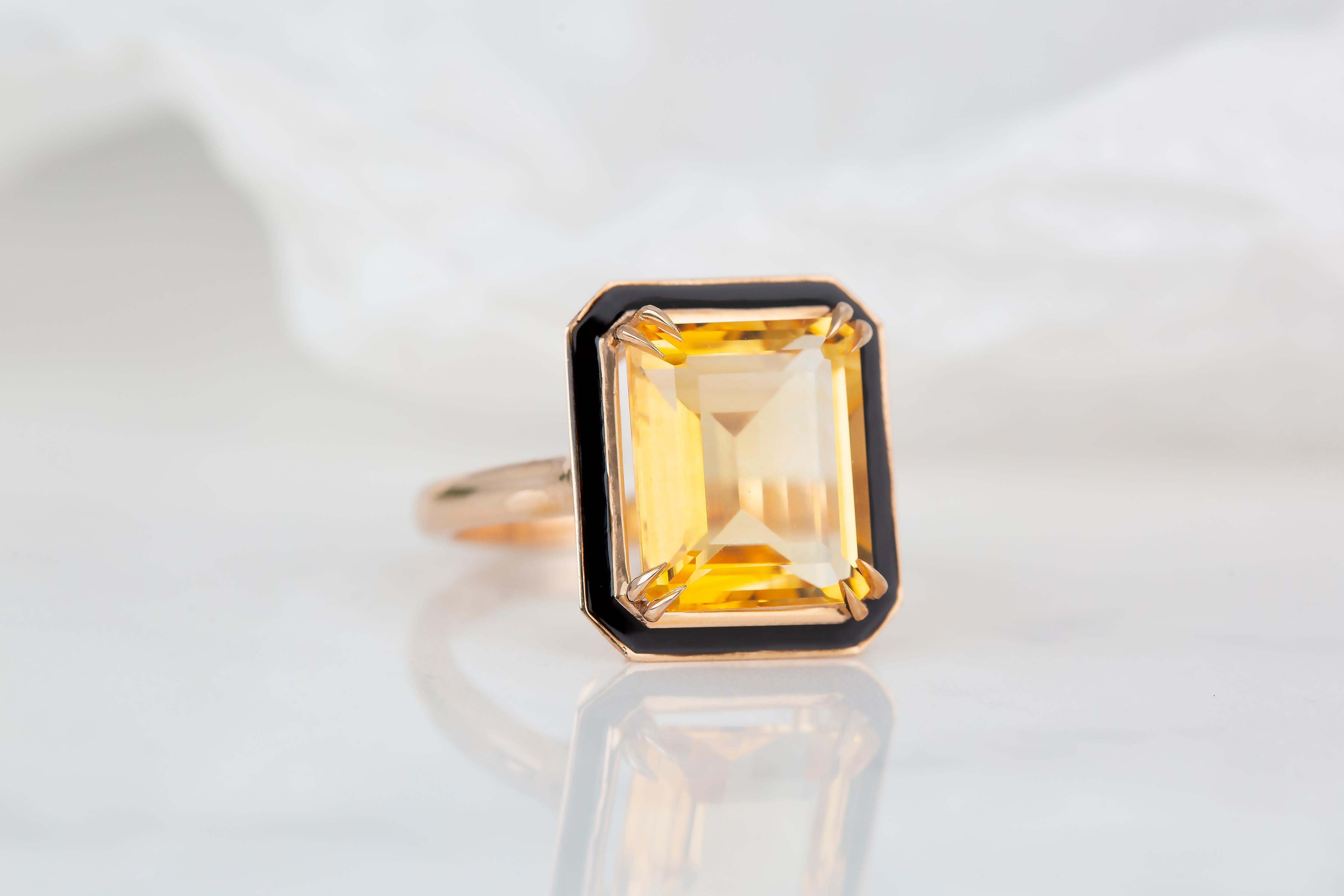 For Sale:  Art Deco Style 6.85 Ct Citrine and Black Enamel 14K Gold Cocktail Ring 3