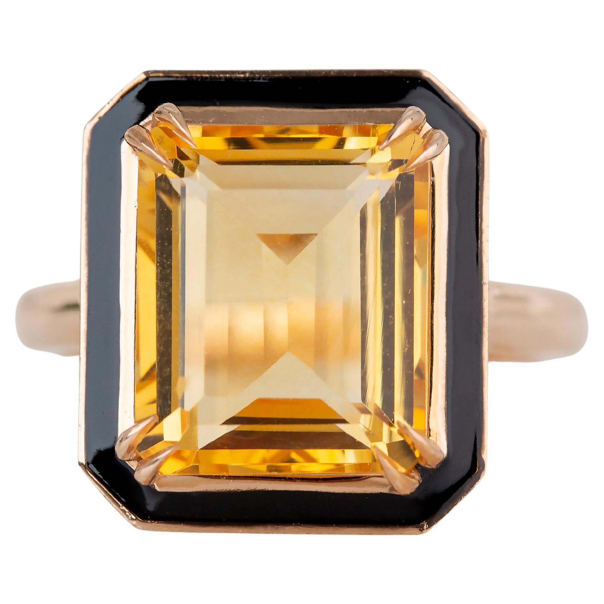 Art Deco Style 6.85 Ct Citrine and Black Enamel 14K Gold Cocktail Ring