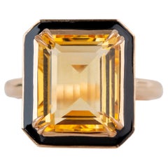 Anillo de cóctel de oro de 14 quilates estilo art déco con citrino y esmalte negro de 6,85 quilates