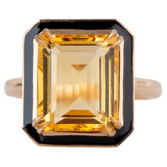 Vintage Art Deco Style 6.85 Ct Citrine and Black Enamel 14K Gold Cocktail Ring