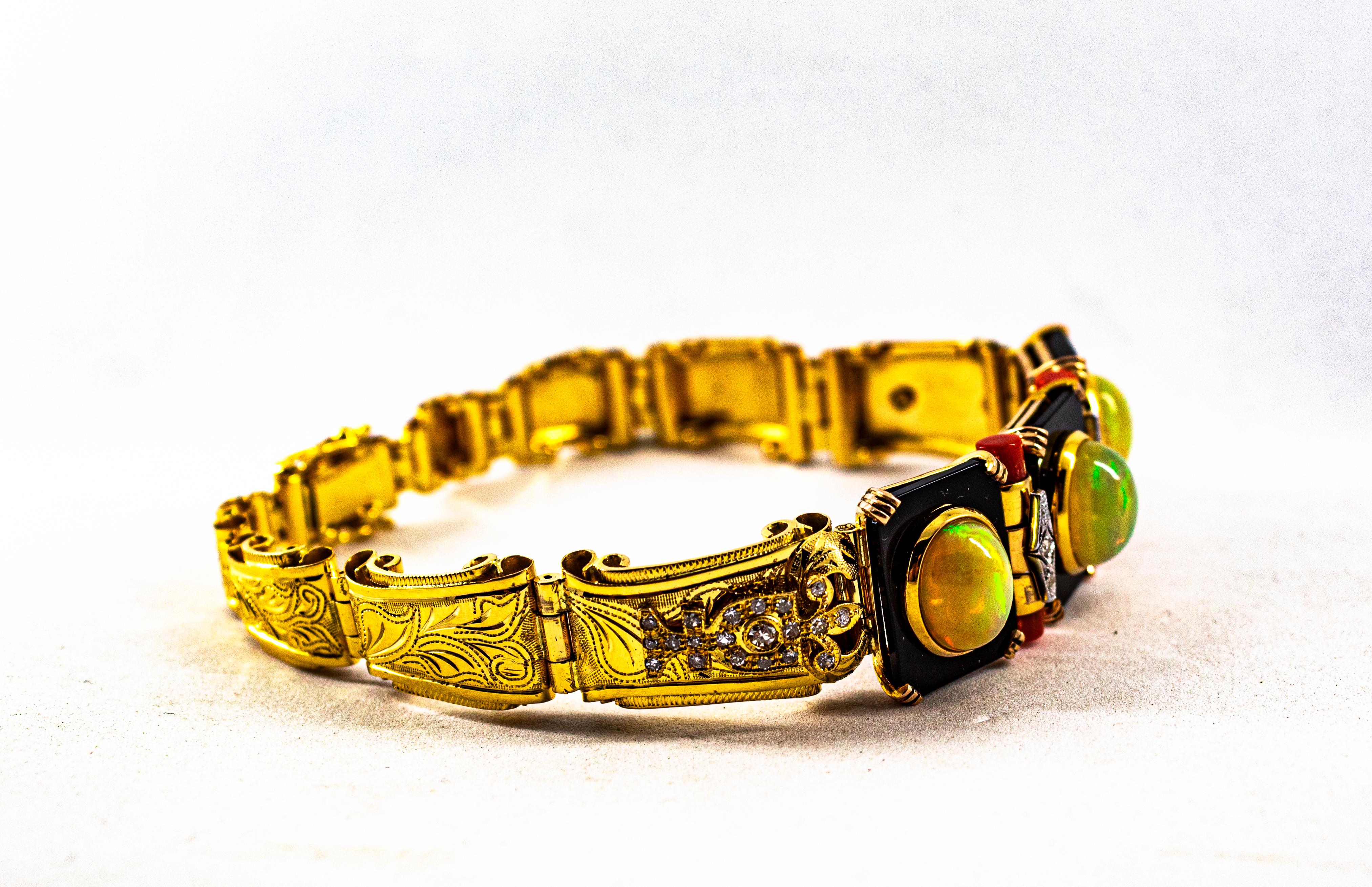 Art Deco Stil 6,90 Karat Weißer Diamant Opal Rote Koralle Onyx Gelbgold Armband 4
