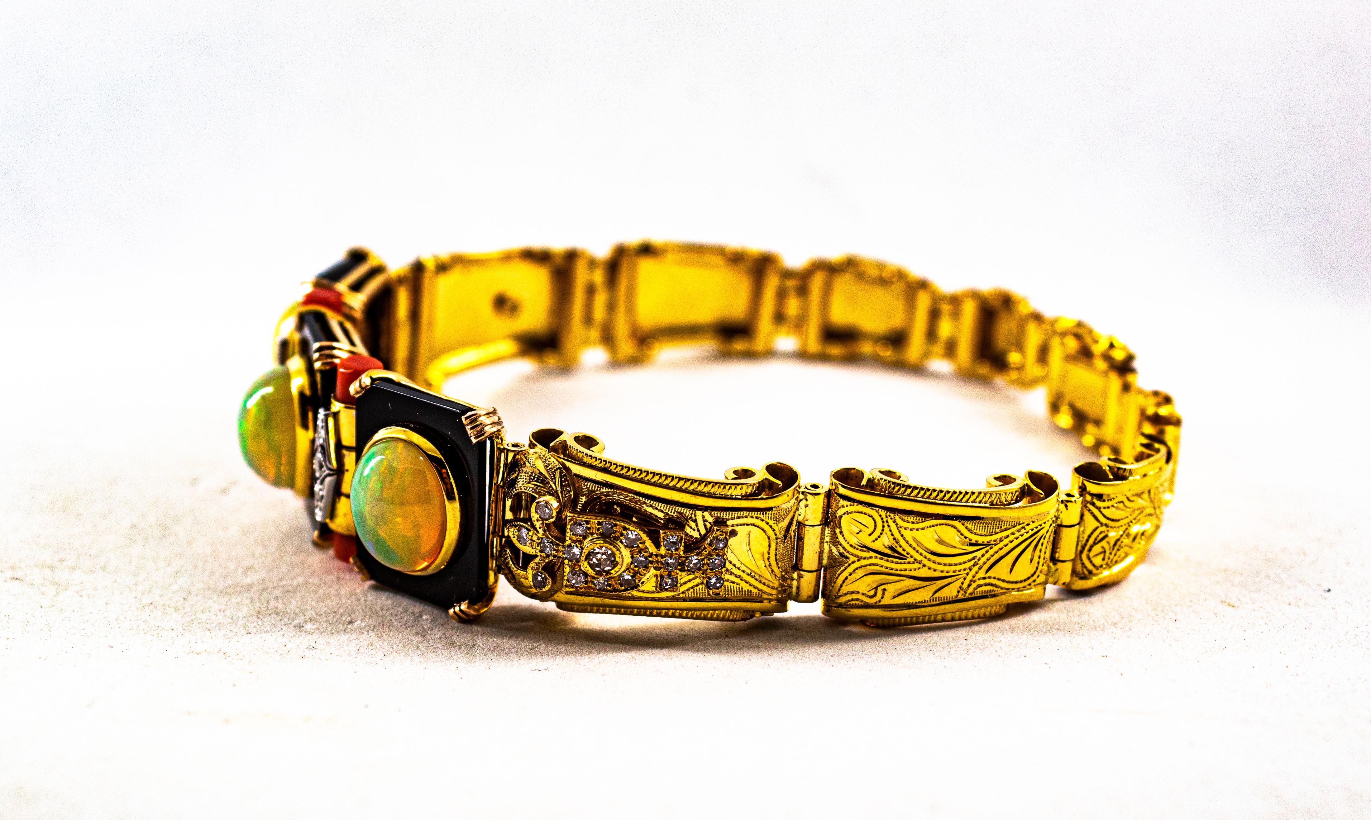 Art Deco Stil 6,90 Karat Weißer Diamant Opal Rote Koralle Onyx Gelbgold Armband 5