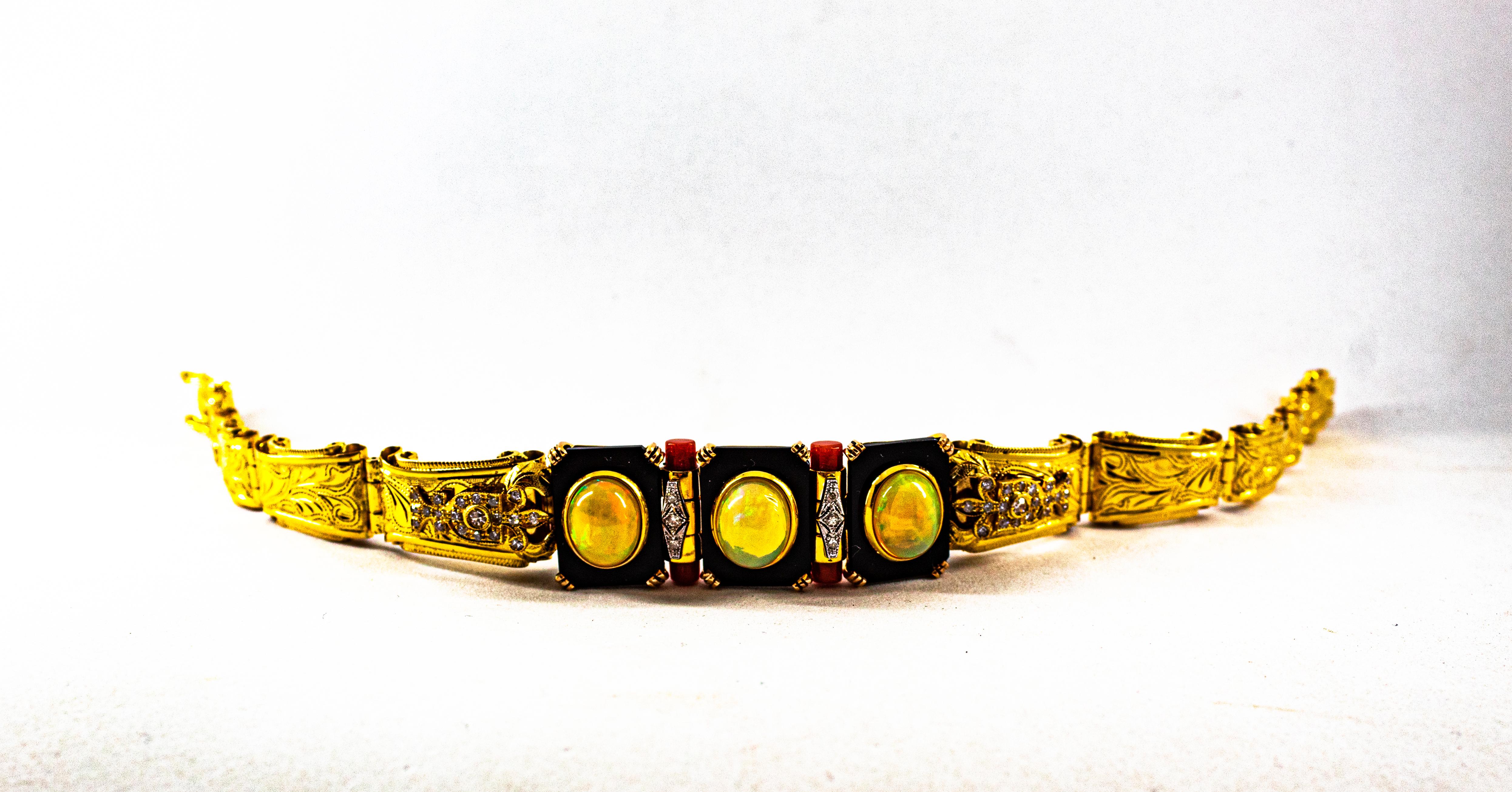 Art Deco Style 6.90 Carat White Diamond Opal Red Coral Onyx Yellow Gold Bracelet For Sale 8