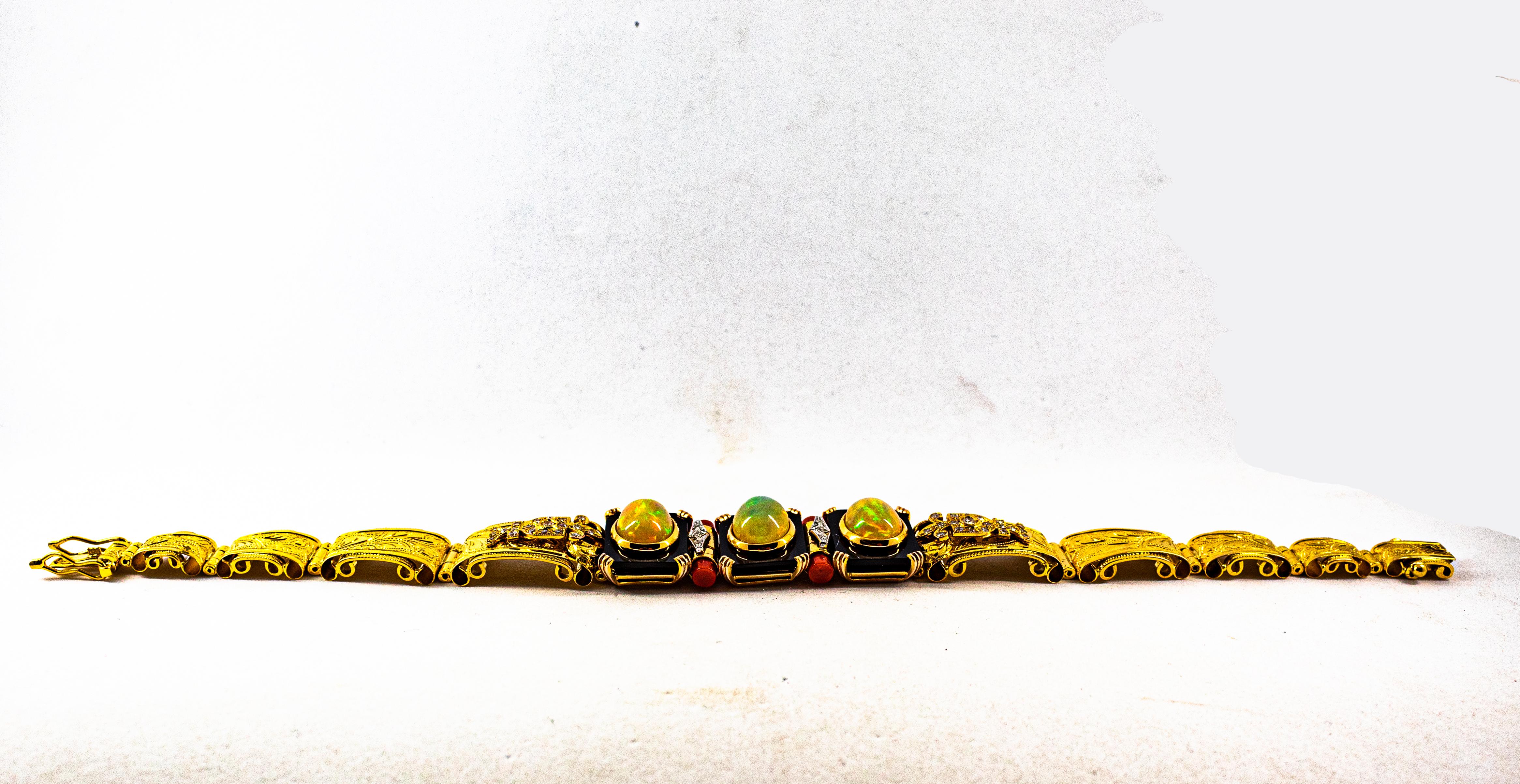 Art Deco Stil 6,90 Karat Weißer Diamant Opal Rote Koralle Onyx Gelbgold Armband 8