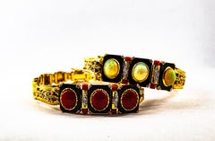 Art Deco Style 6.90 Carat White Diamond Opal Red Coral Onyx Yellow Gold Bracelet