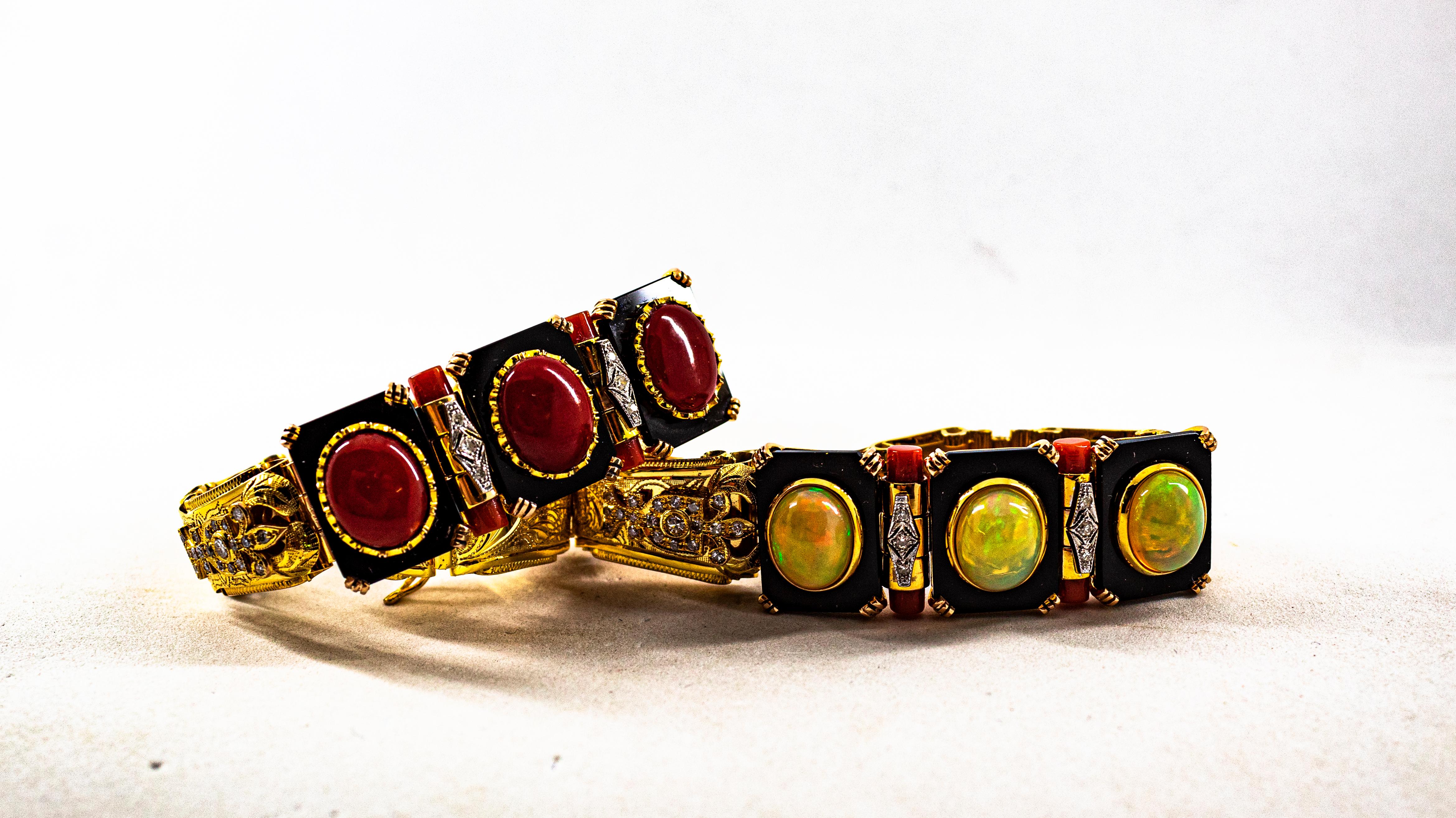 Art Deco Style 6.90 Carat White Diamond Opal Red Coral Onyx Yellow Gold Bracelet In New Condition For Sale In Naples, IT