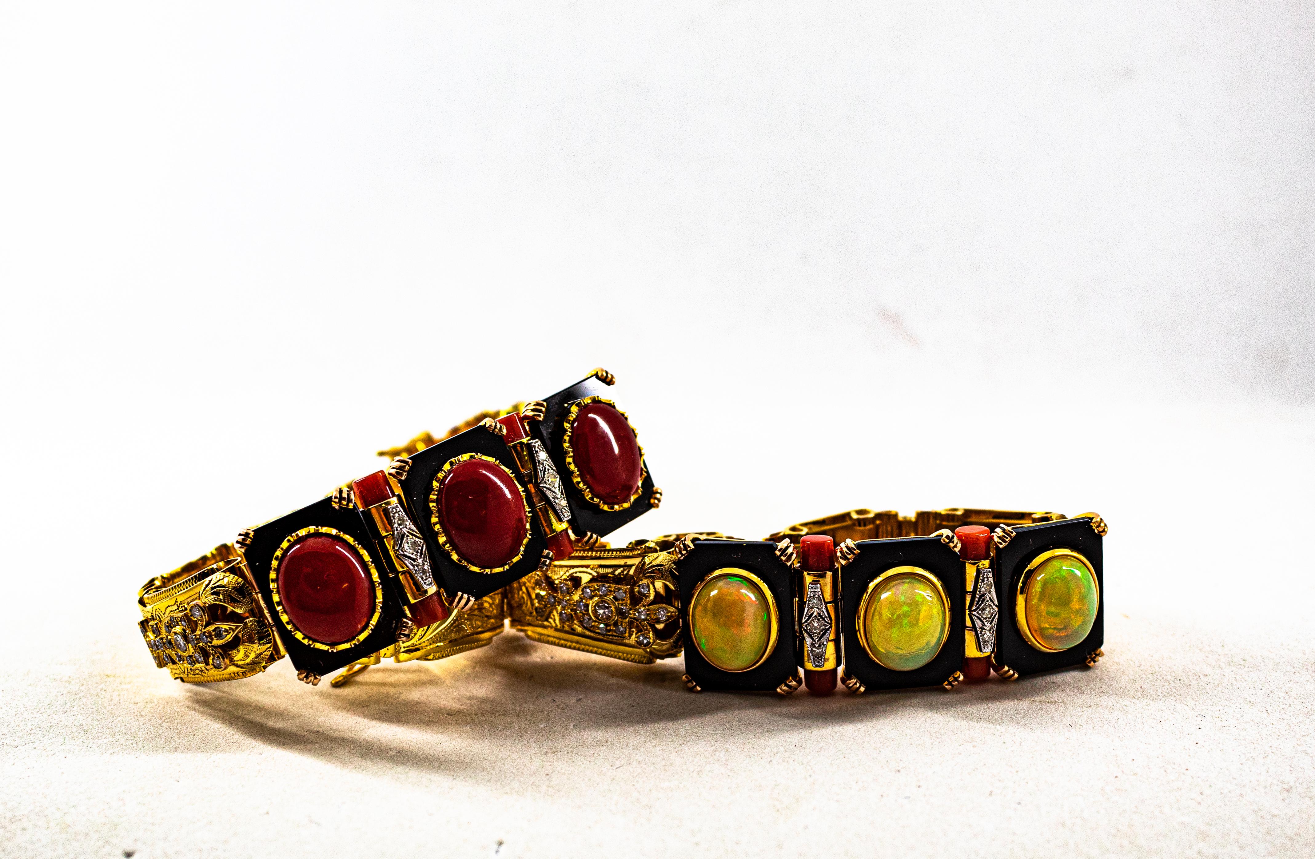 Women's or Men's Art Deco Style 6.90 Carat White Diamond Opal Red Coral Onyx Yellow Gold Bracelet