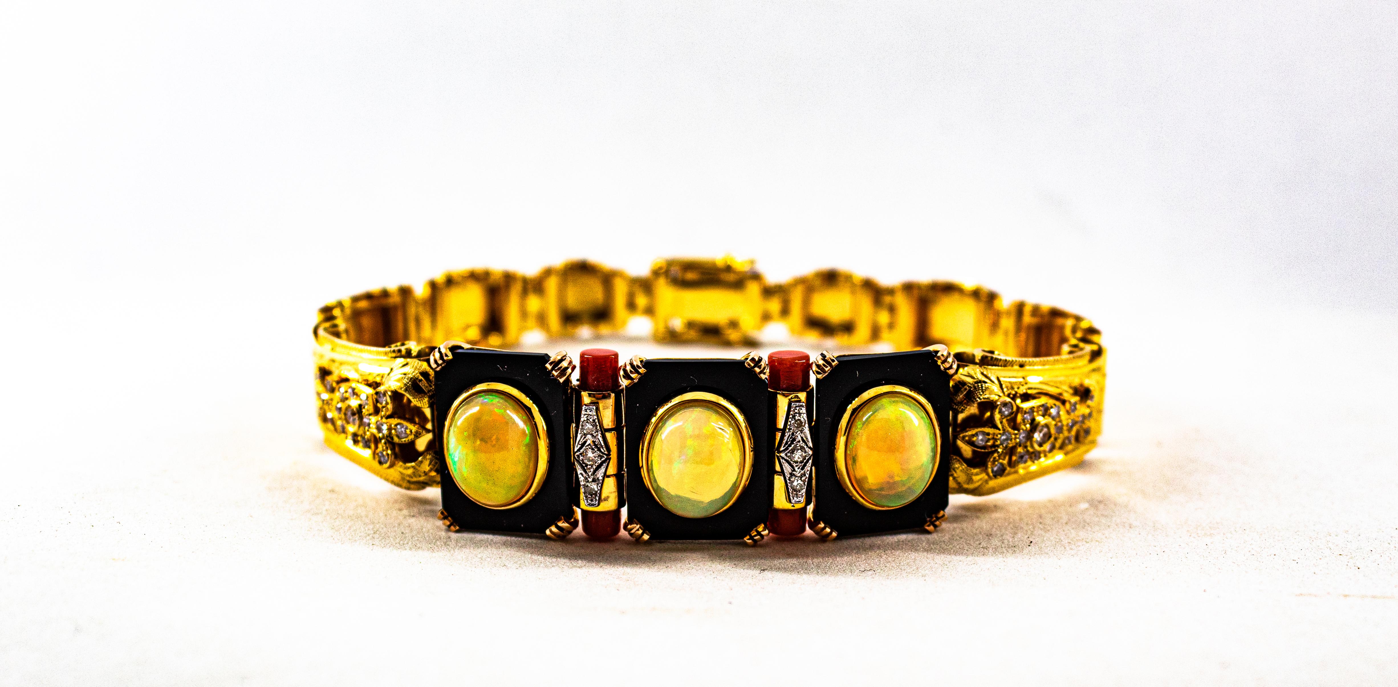 Art Deco Style 6.90 Carat White Diamond Opal Red Coral Onyx Yellow Gold Bracelet For Sale 1