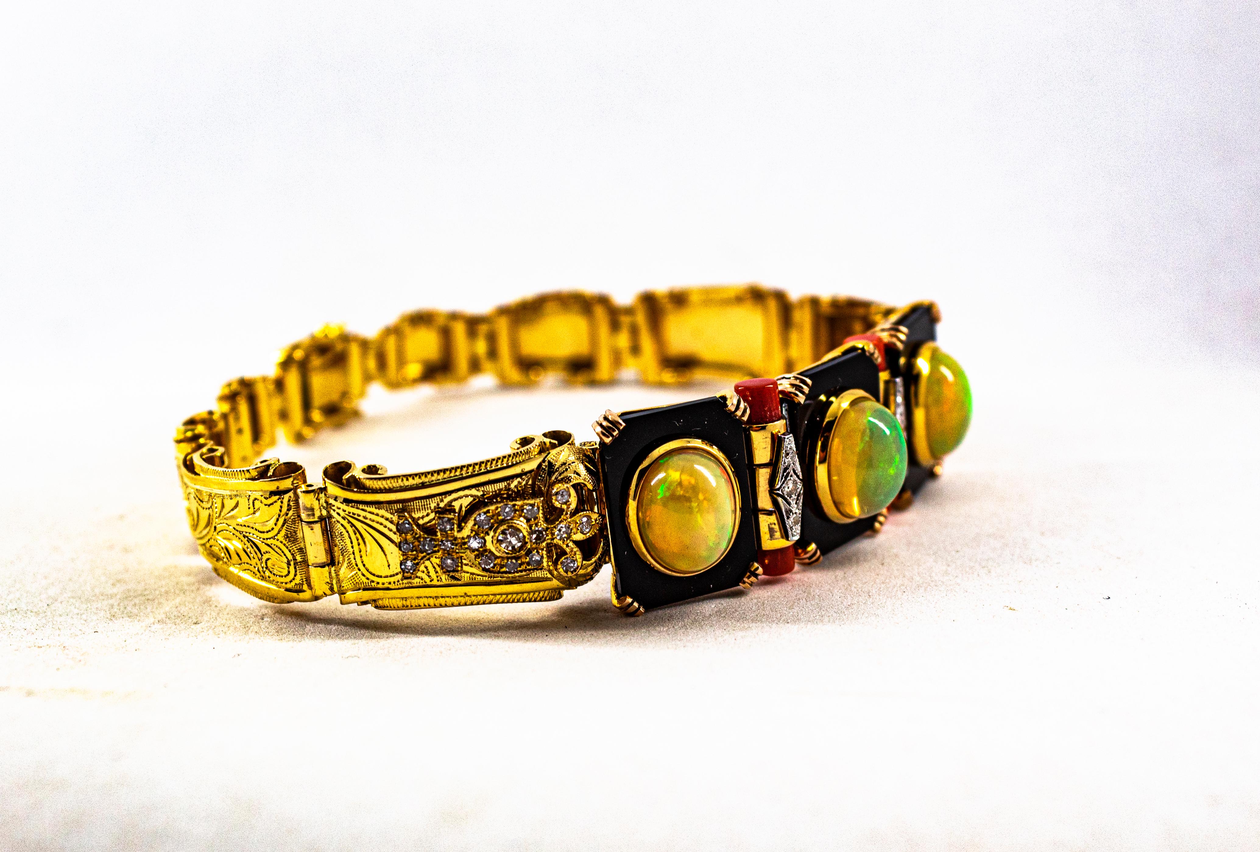 Art Deco Style 6.90 Carat White Diamond Opal Red Coral Onyx Yellow Gold Bracelet For Sale 2