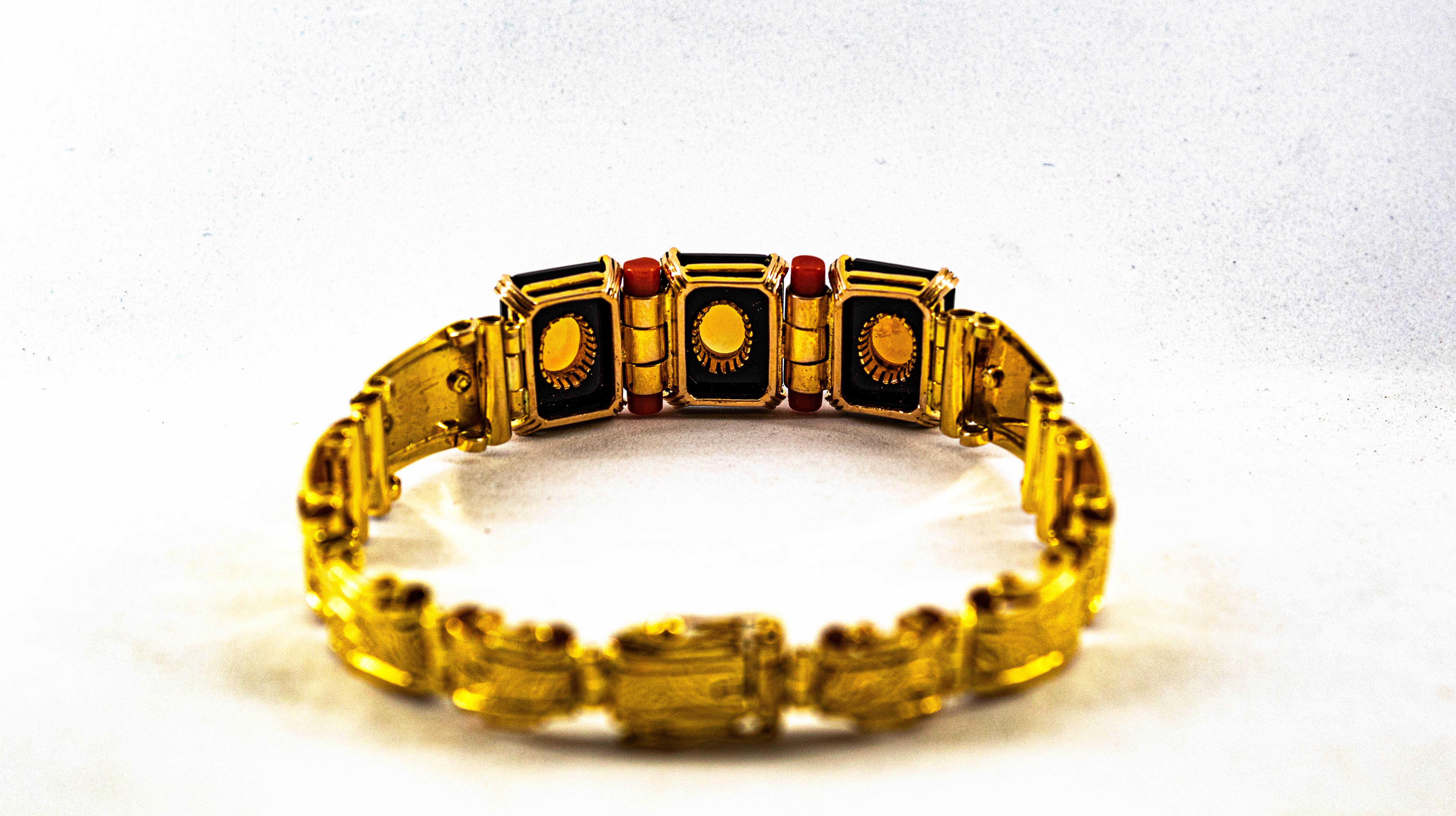 Art Deco Style 6.90 Carat White Diamond Opal Red Coral Onyx Yellow Gold Bracelet For Sale 3
