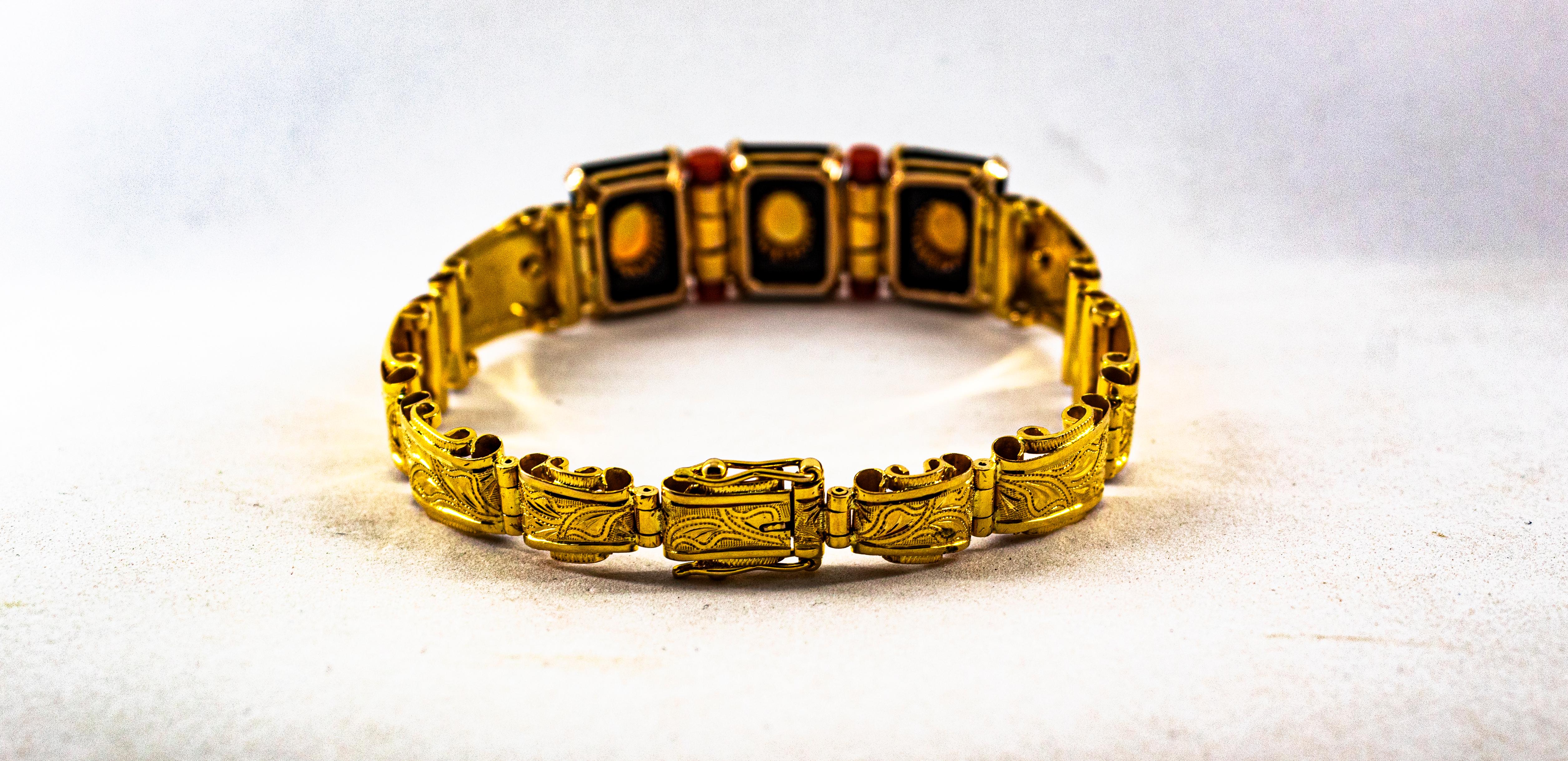 Art Deco Style 6.90 Carat White Diamond Opal Red Coral Onyx Yellow Gold Bracelet For Sale 4