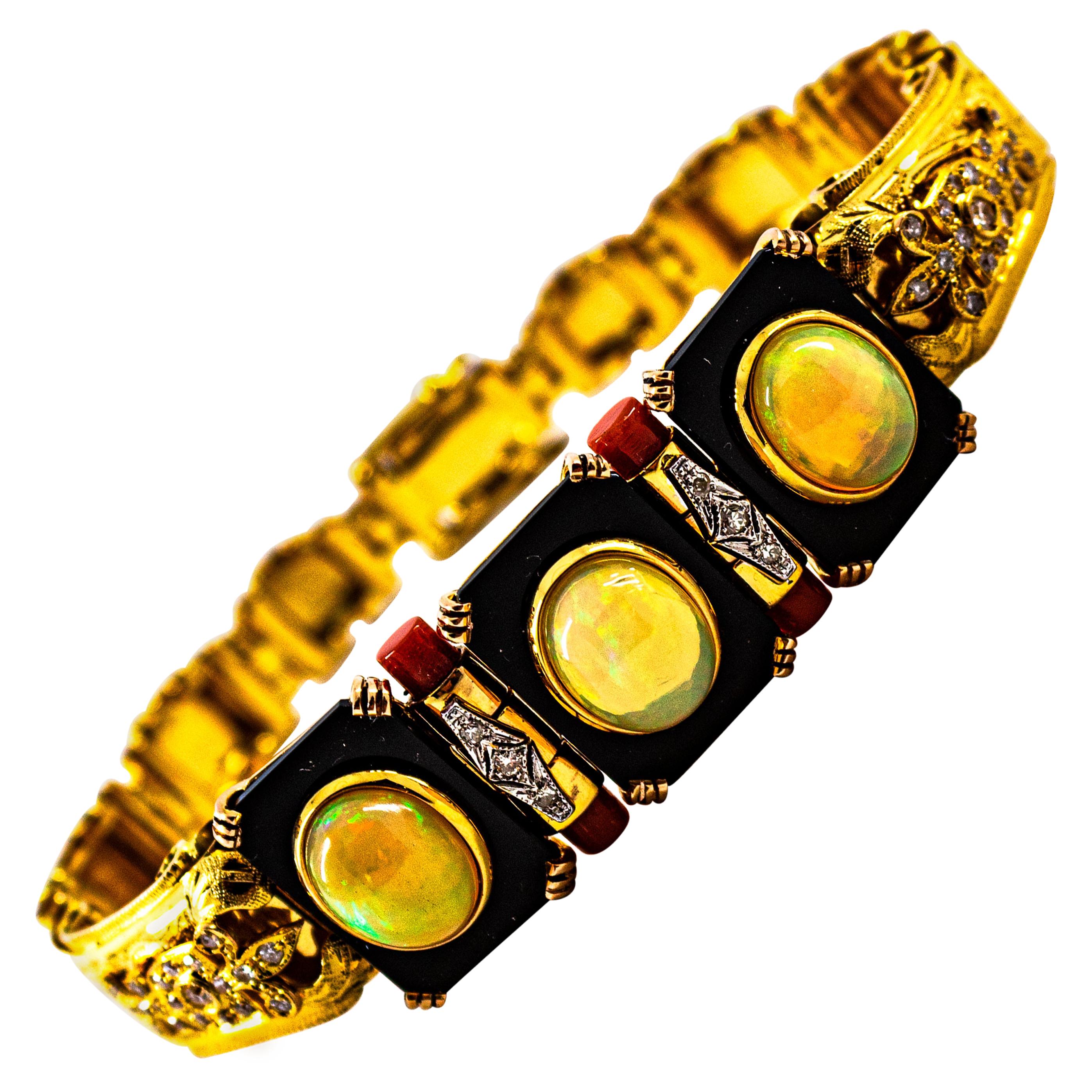 Art Deco Style 6.90 Carat White Diamond Opal Red Coral Onyx Yellow Gold Bracelet For Sale