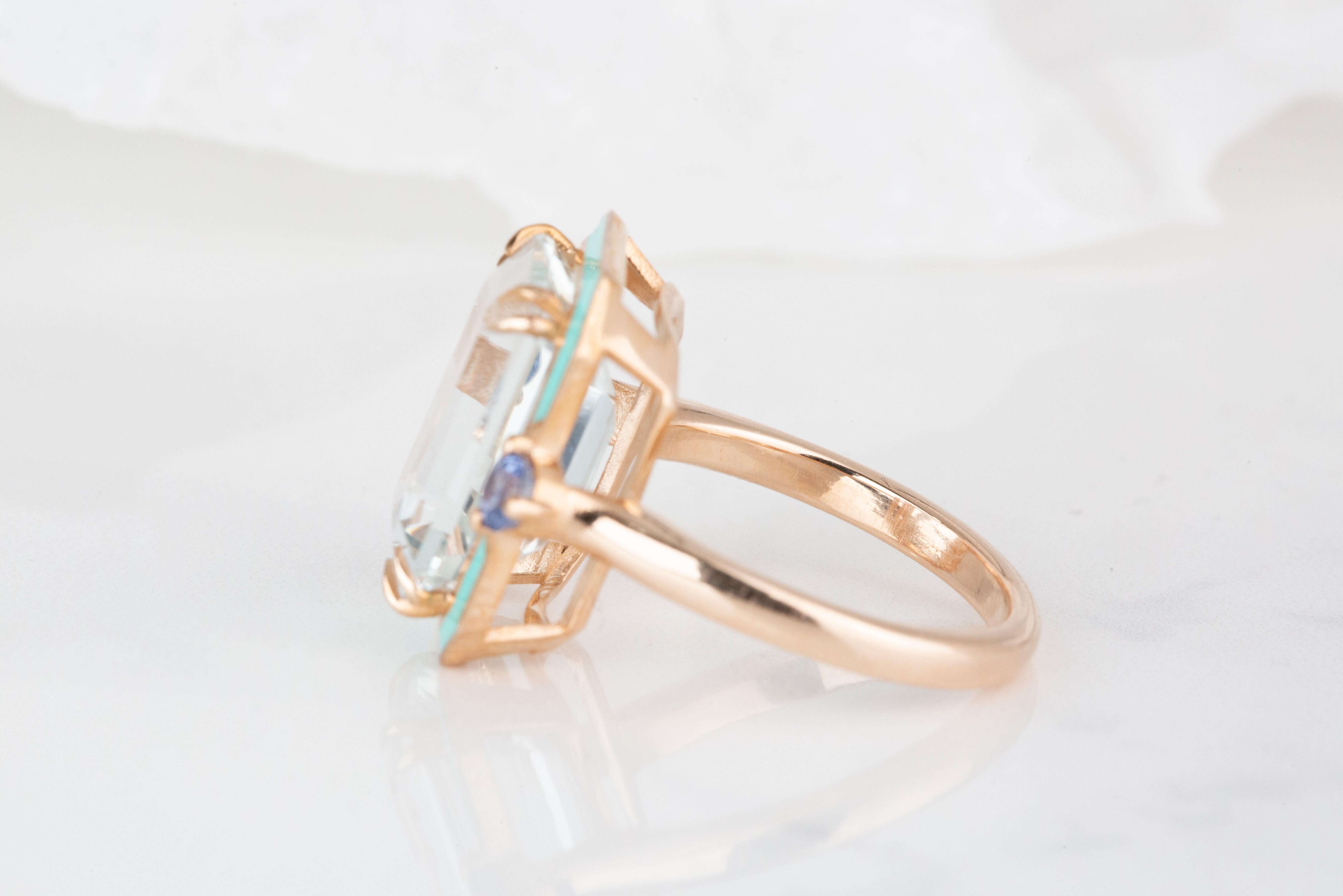 For Sale:  Art Deco Style 6.90 Ct. Blue Topaz and Ceylon Sapphire 14K Gold Cocktail Ring 10