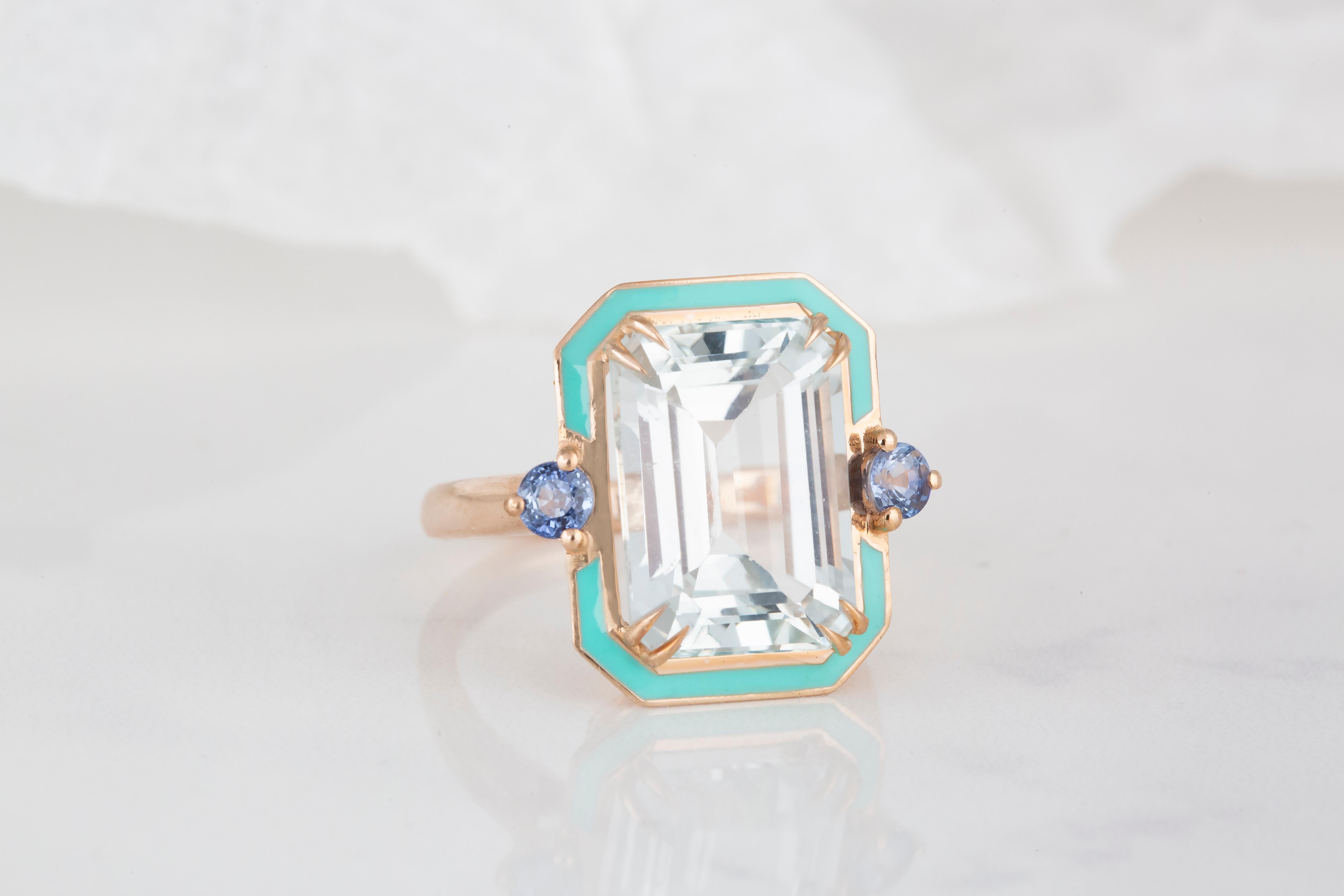 For Sale:  Art Deco Style 6.90 Ct. Blue Topaz and Ceylon Sapphire 14K Gold Cocktail Ring 8