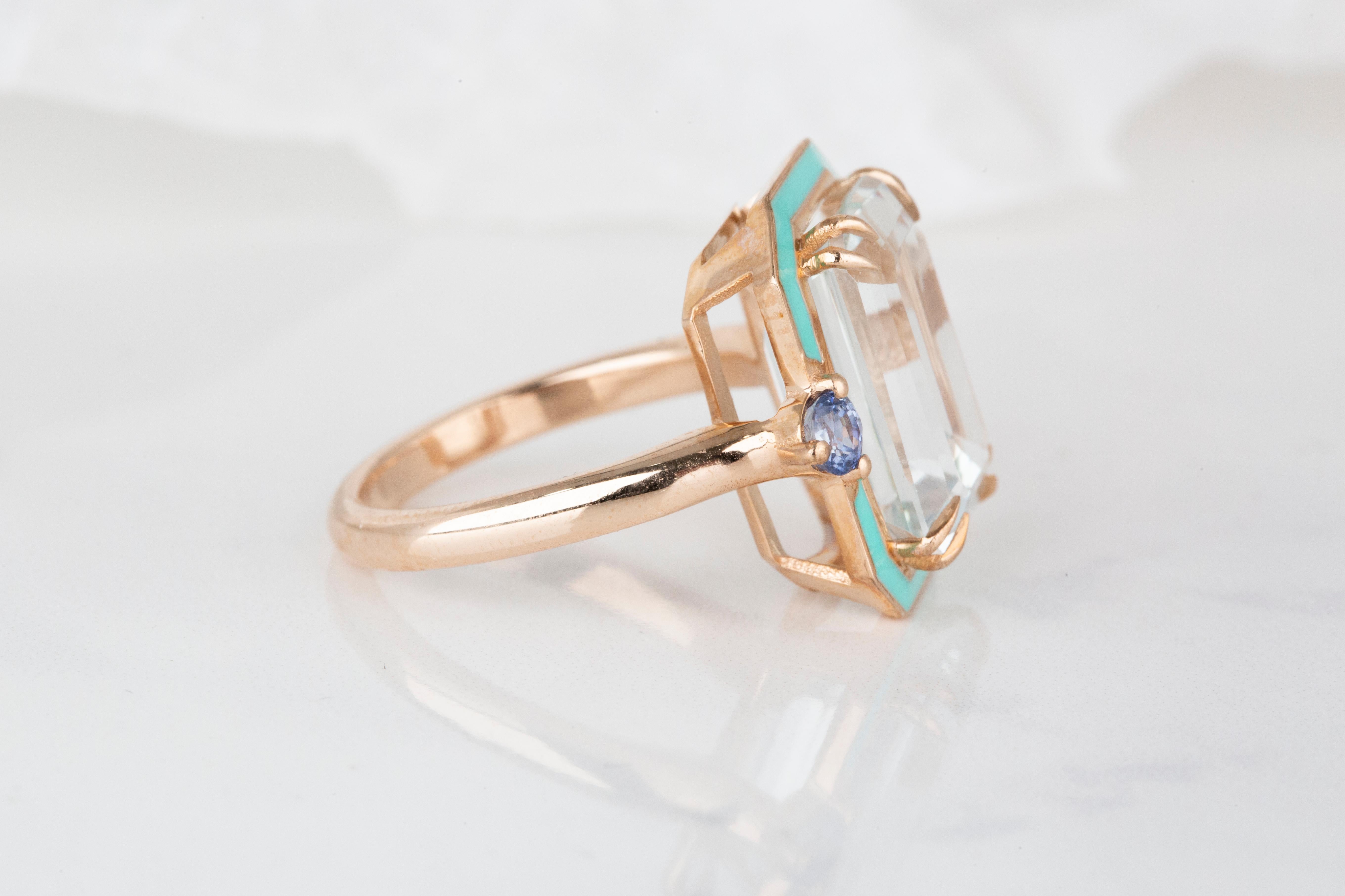 For Sale:  Art Deco Style 6.90 Ct. Blue Topaz and Ceylon Sapphire 14K Gold Cocktail Ring 9