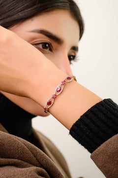 Art Deco Style 6.93 Ct Natural Ruby & Diamond Floral Link Bracelet in 14K Gold