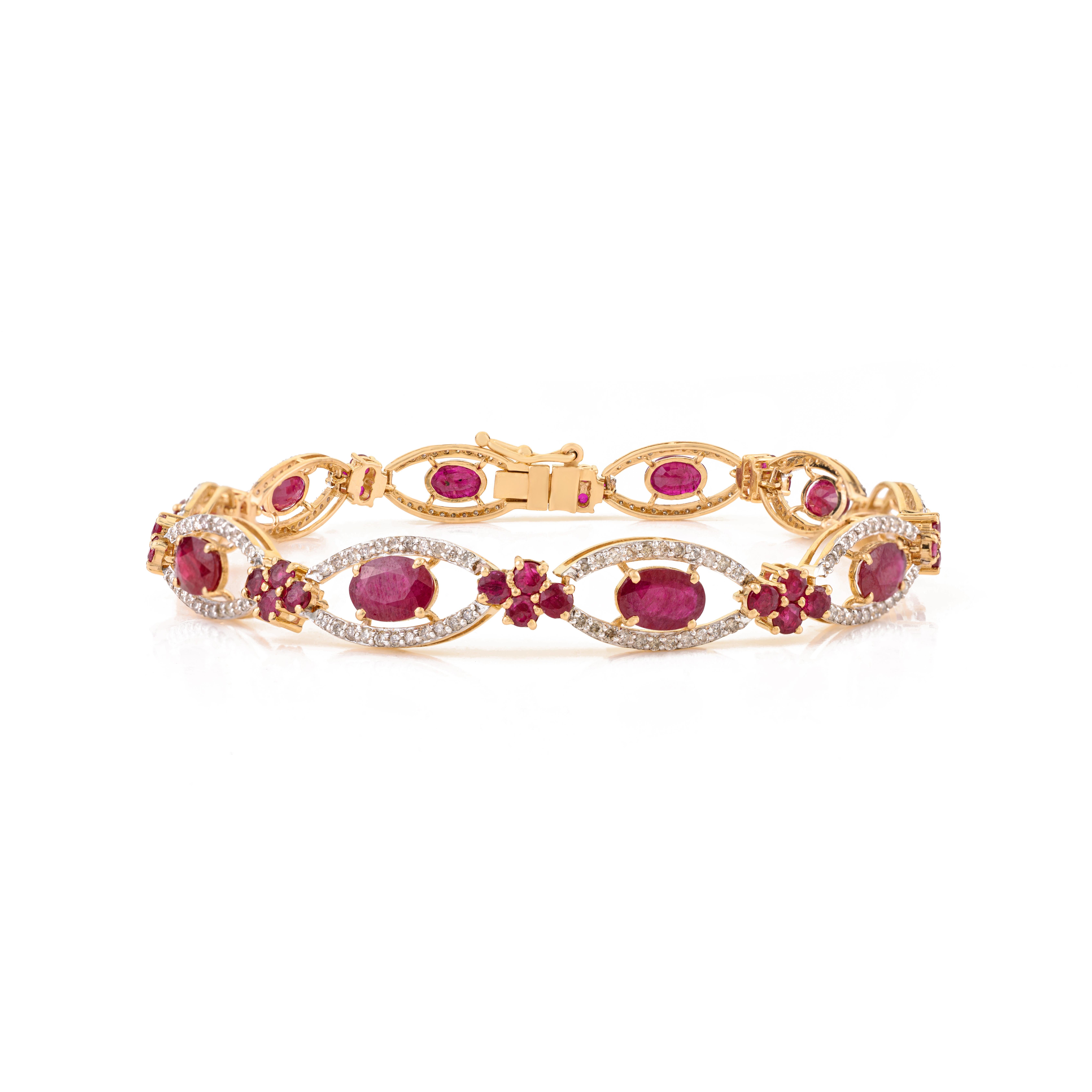 Art Deco Style 6.93 Ct Natural Ruby
Diamond Floral Link Bracelet in 14K Gold