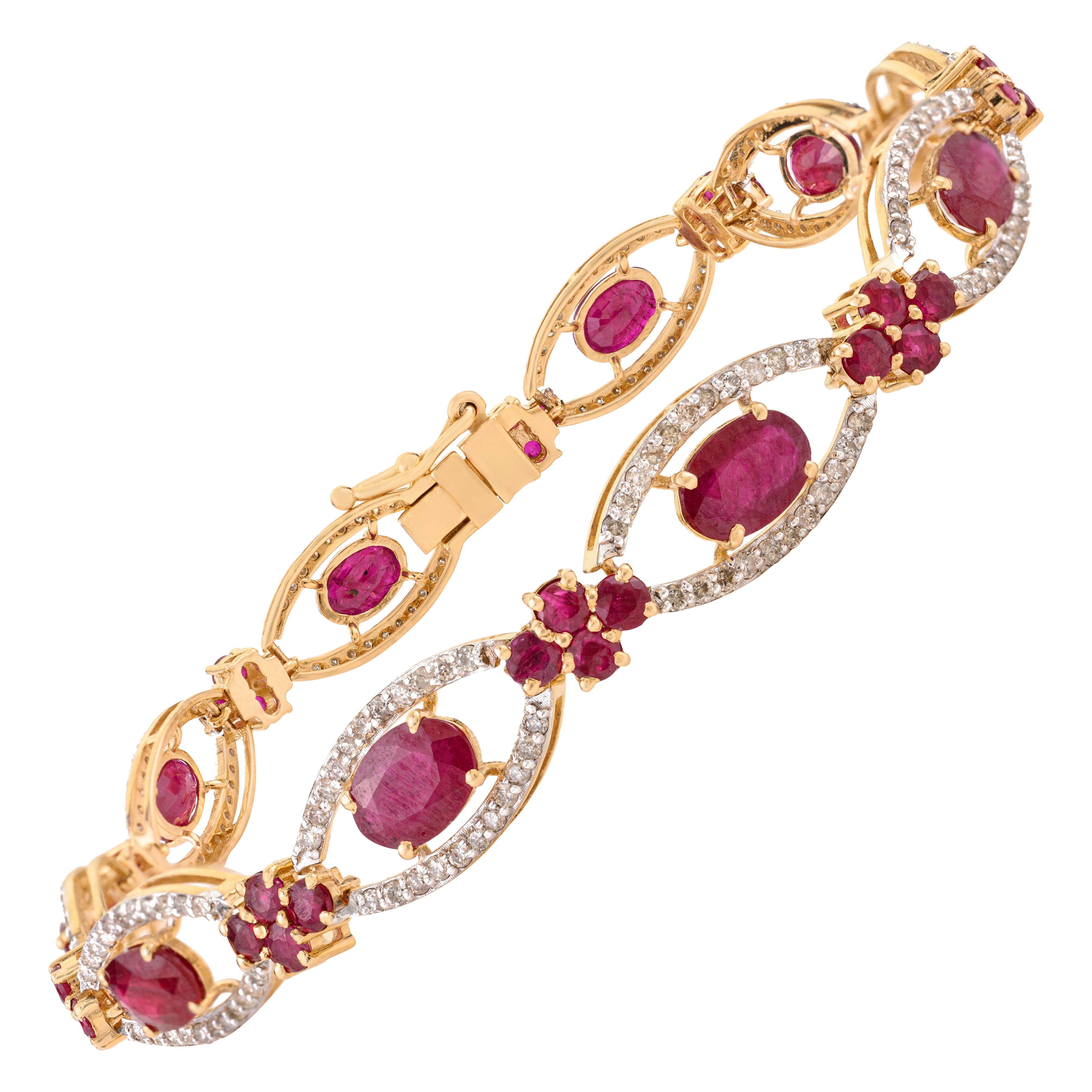 Art Deco Style 6.93 Ct Natural Ruby 
Diamond Floral Link Bracelet en or 18K